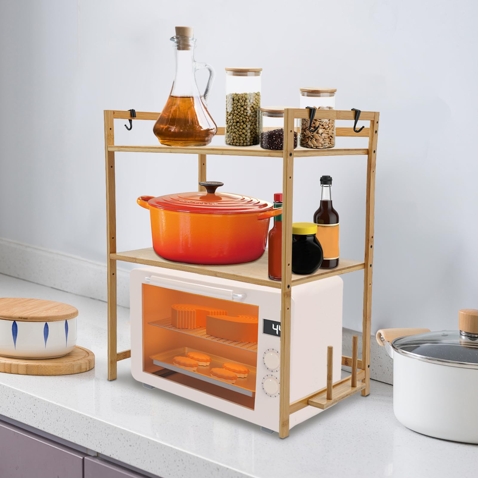 Soporte para microondas de 2 niveles, de bambú, con 4 ganchos, 55 x 35 x 67 cm