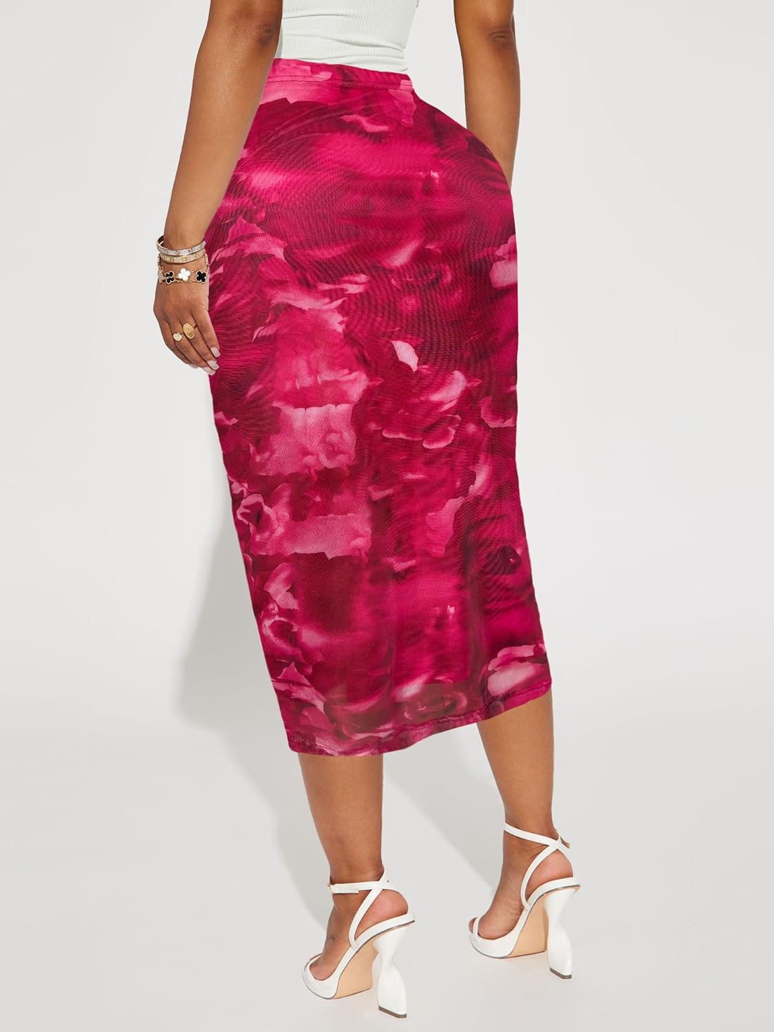 Women's Floral Print Mesh Long Skirt High Waisted Bodycon Pencil Maxi Skirts - Image 5