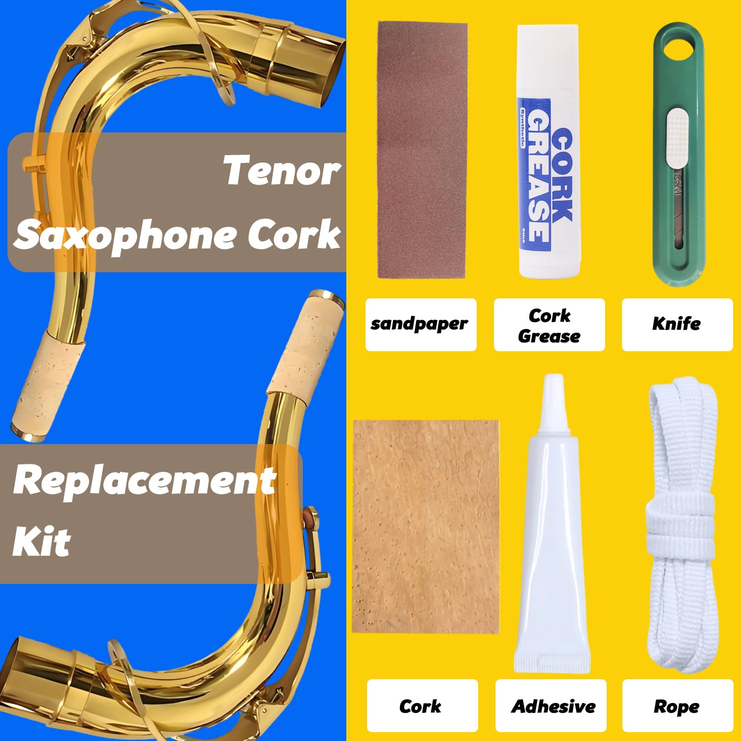 Kit de repuesto de corcho para saxofón tenor | 3 corchos de 42 x 62 mm, grasa, pegamento, cuchillo, 2 papel de lija, cuerda | Juego completo de mantenimiento y reparación