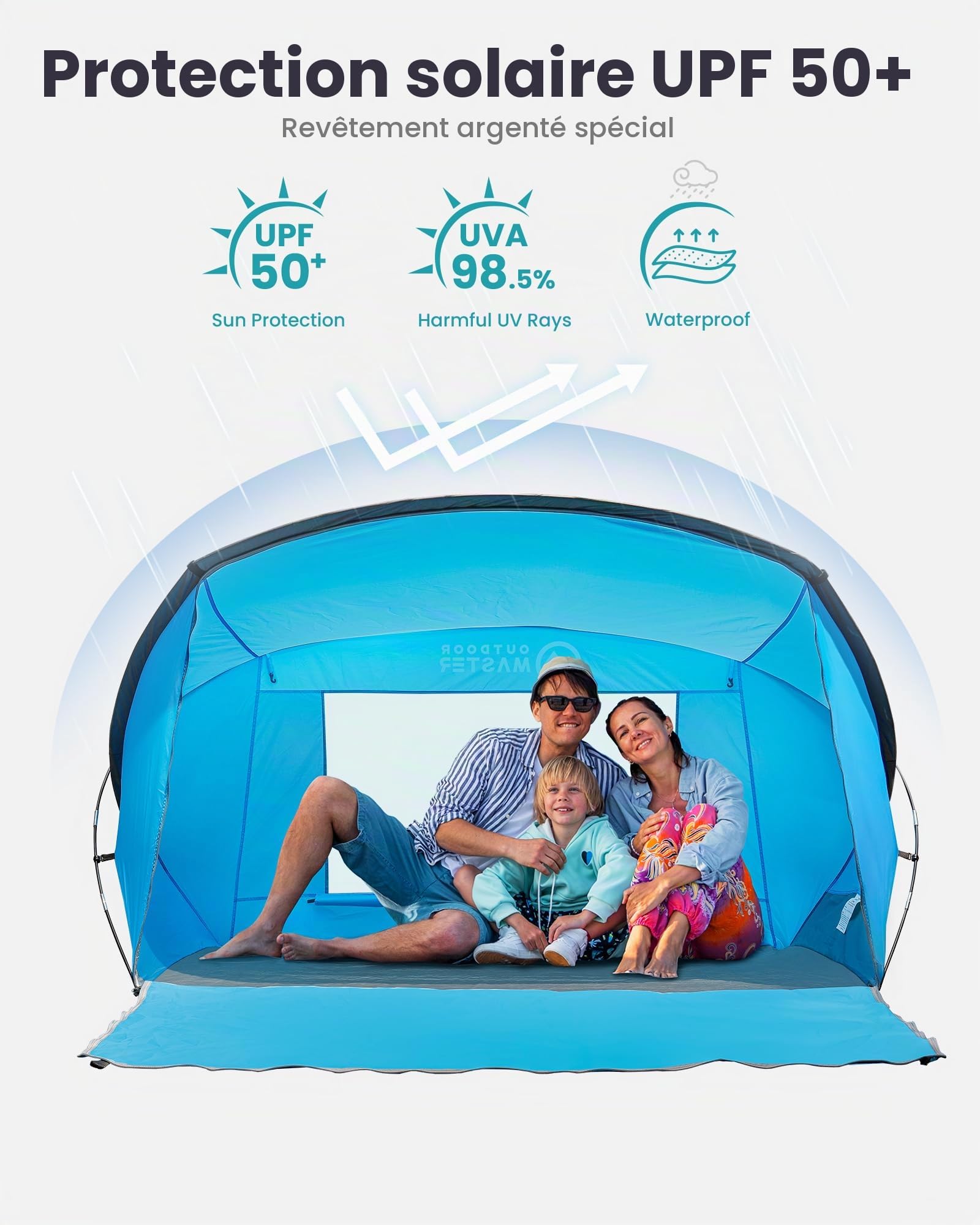 OutdoorMaster Tente de Plage pour 3 à 4 Personnes – Installation Facile et Portable – Pare-Soleil de Plage avec Protection UV UPF 50+ – Fenêtre de Toit Amovible – Taille familiale