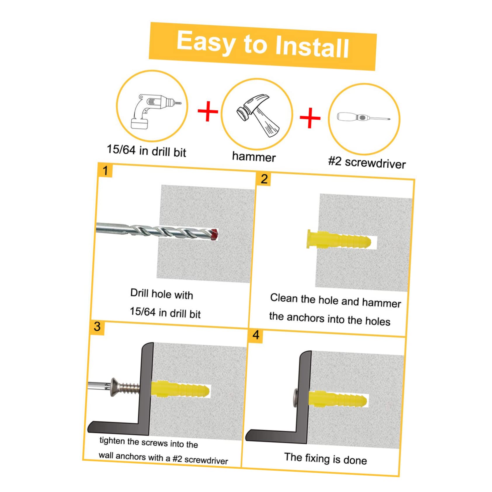 KICHOUSE Drywall Anchors and Screws Kit 100pcs Yellow Expansion Tube Screws Self-Tapping Flat for Wall Mounting