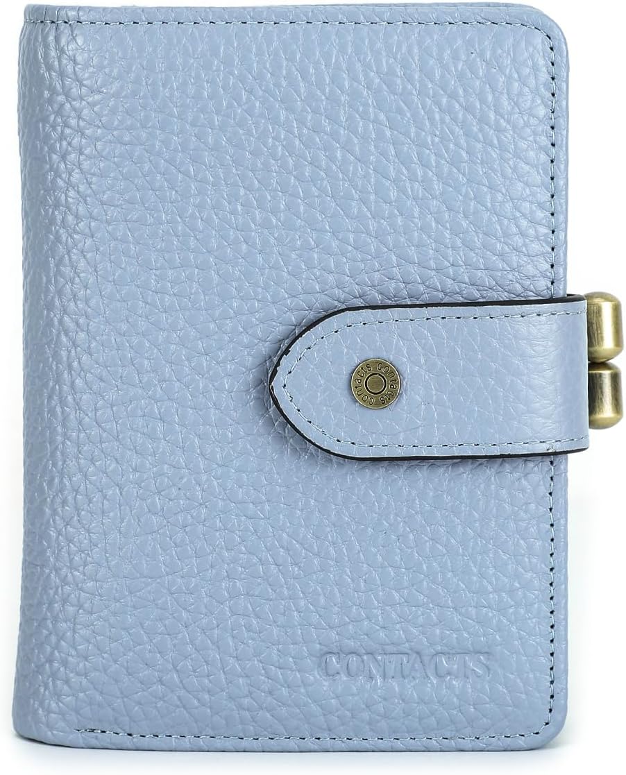 CONTACTS Full Grain Leather Kiss Lock Wallet for Women Kiss Clasp Coin Purse Vintage Bifold Card Wallet with Rfid Blocking (Blue)