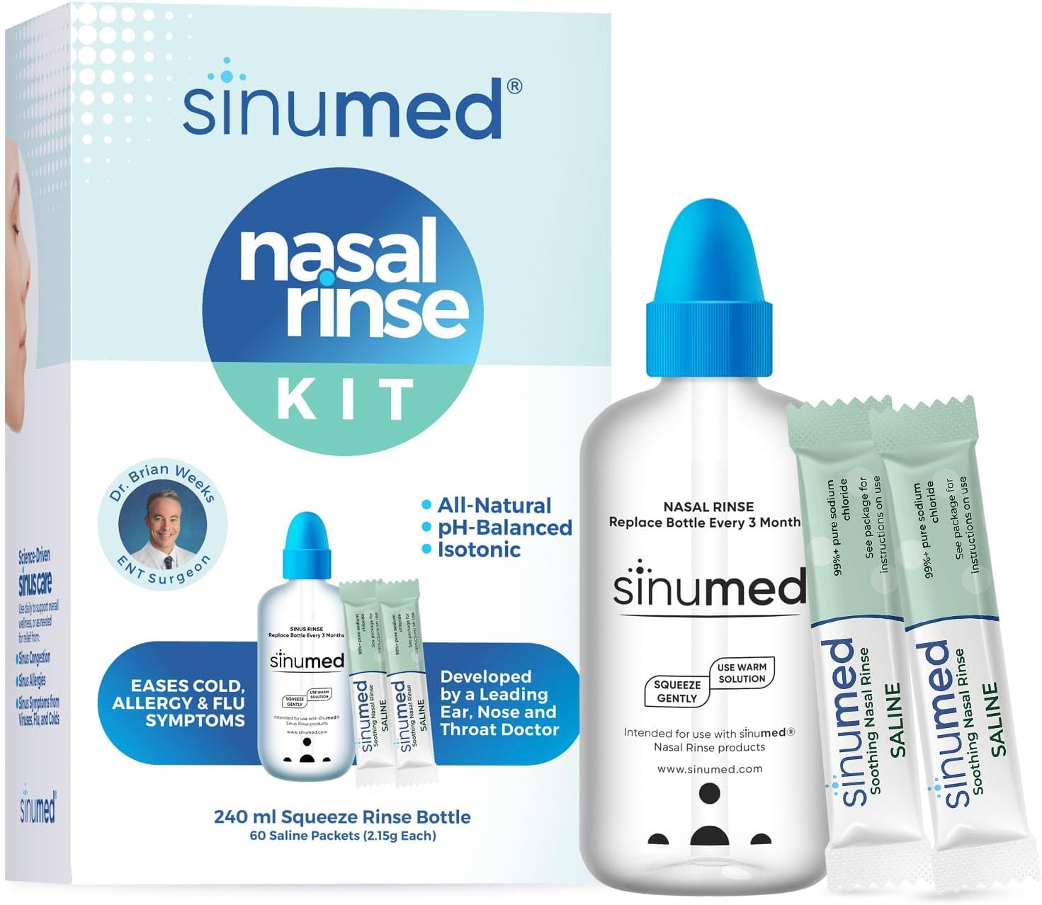 Sinus Rinse, 60PK Nasal Rinse Packets with Saline, Squeeze Bottle, Alternative to Neti Pot, Helps with Allergy, Congestion, Cold Symptoms