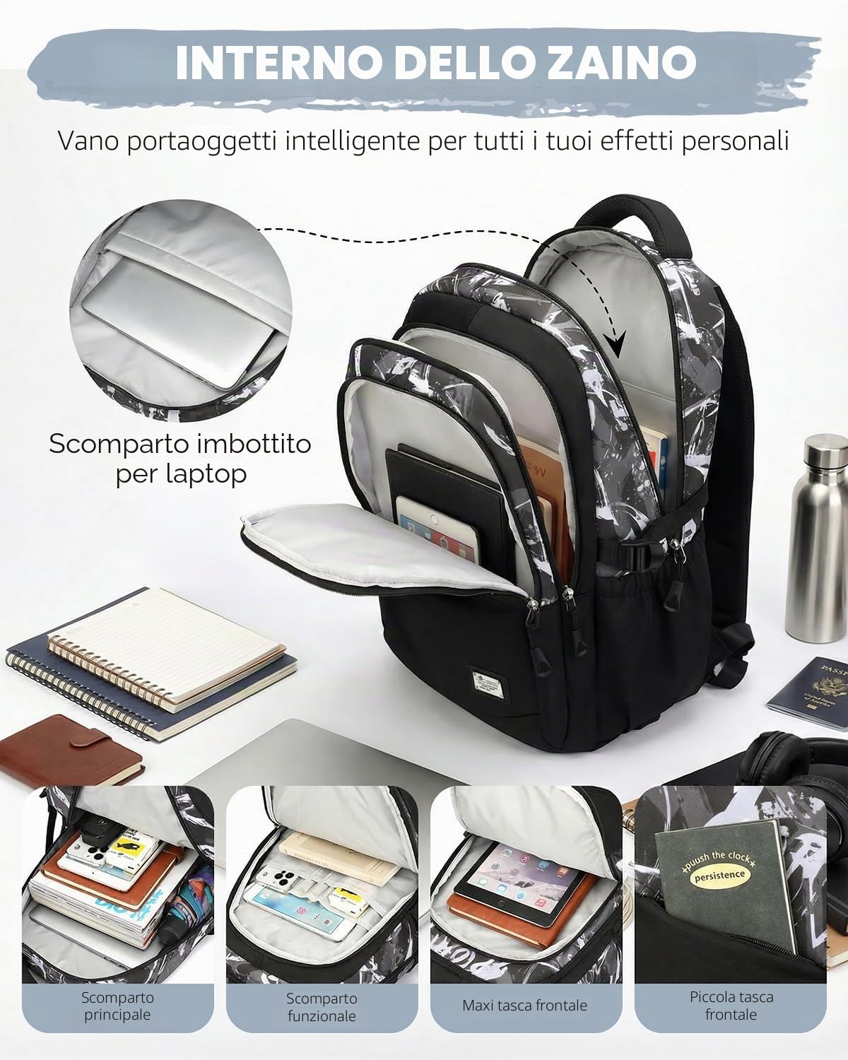 Zaino con Ruote per Ragazzi Adolescenti, 26L Zaini Scuola Trolley Media e Superiore Staccabile, Zaino Ragazzo Impermeabile Nero Graffiti-Daypack da Viaggio con Carrello