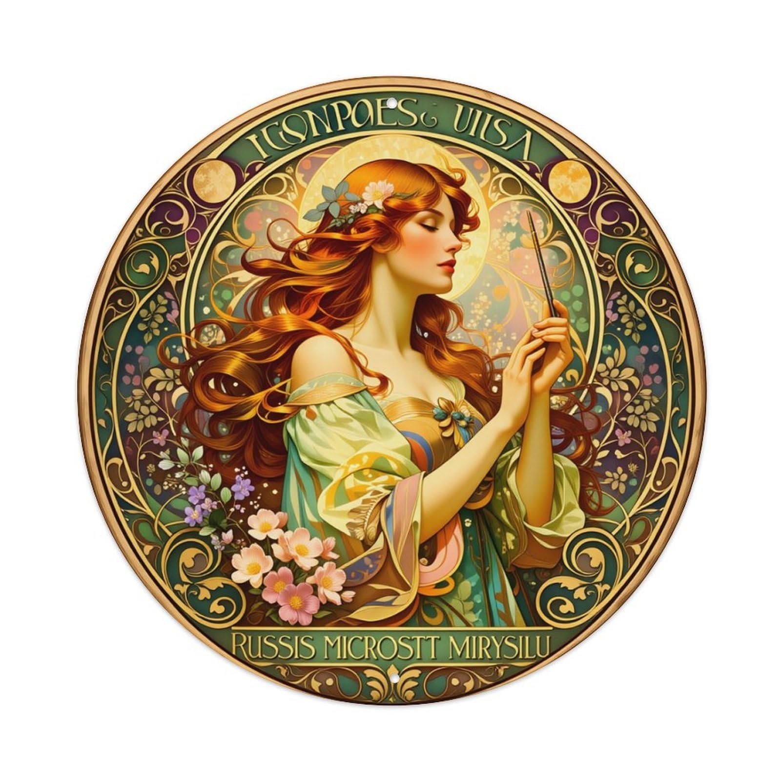 Floral Artistic Woman Holding Brush Round Tin Sign Vintage Metal Poster, Home Bar Garage Man Cave Cafe Indoor & Outdoor Wall Decoration 8x8Inches