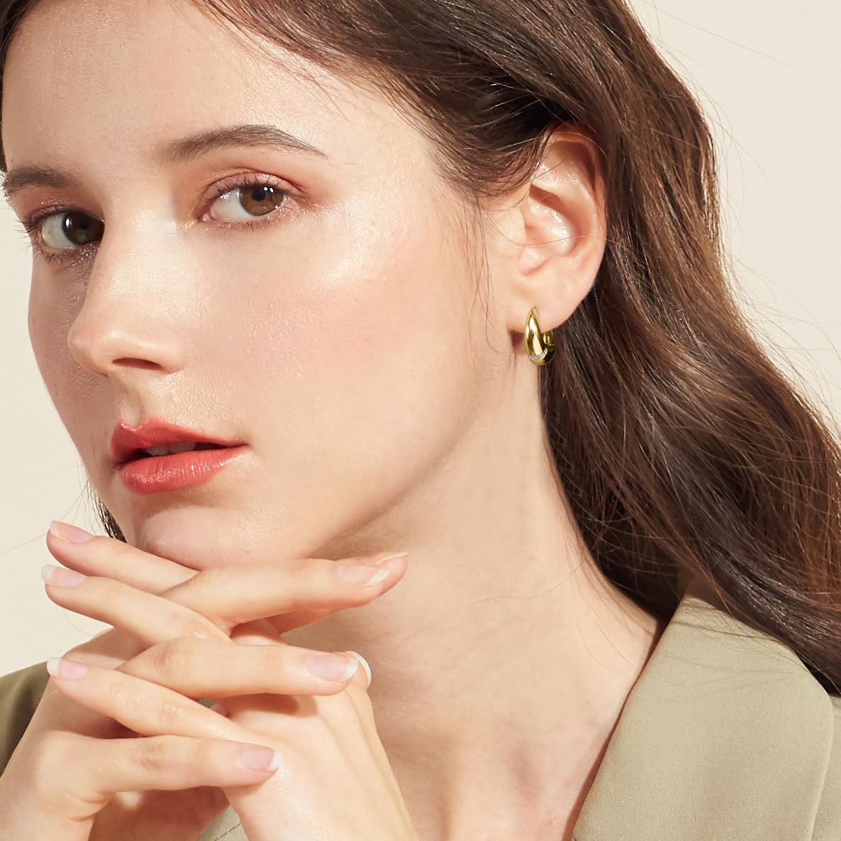 Chunky Hoop Earrings for Women with CZ Thick Hoop Earrings with 925 Sterling Silver Ear Posts 14k Real Gold Plated Hoop Earring for Daily Wear - Image 4