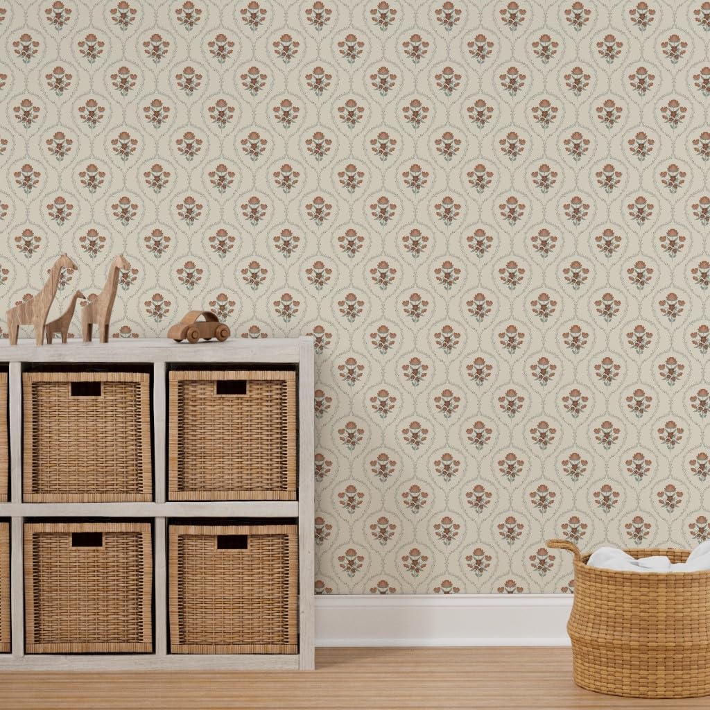 Peel & Stick Wallpaper 12ft x 2ft - Farmhouse Floral,Green Burgundy,Red Flowers,Cottage Flowers,Romantic Traditional Custom Removable Wallpaper by Spoonflower