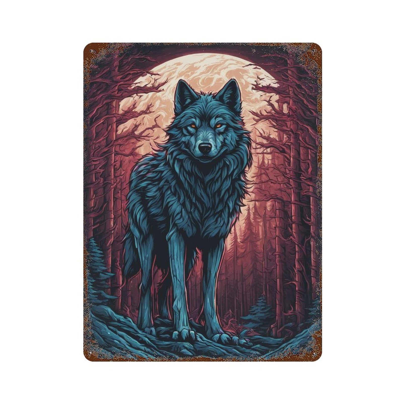 Wolf Moonlit Forest Poster Aged Metal Wall Plaque 15.7"x11.8", Classic Wall Plaque for Garage, Pub Or Kitchen