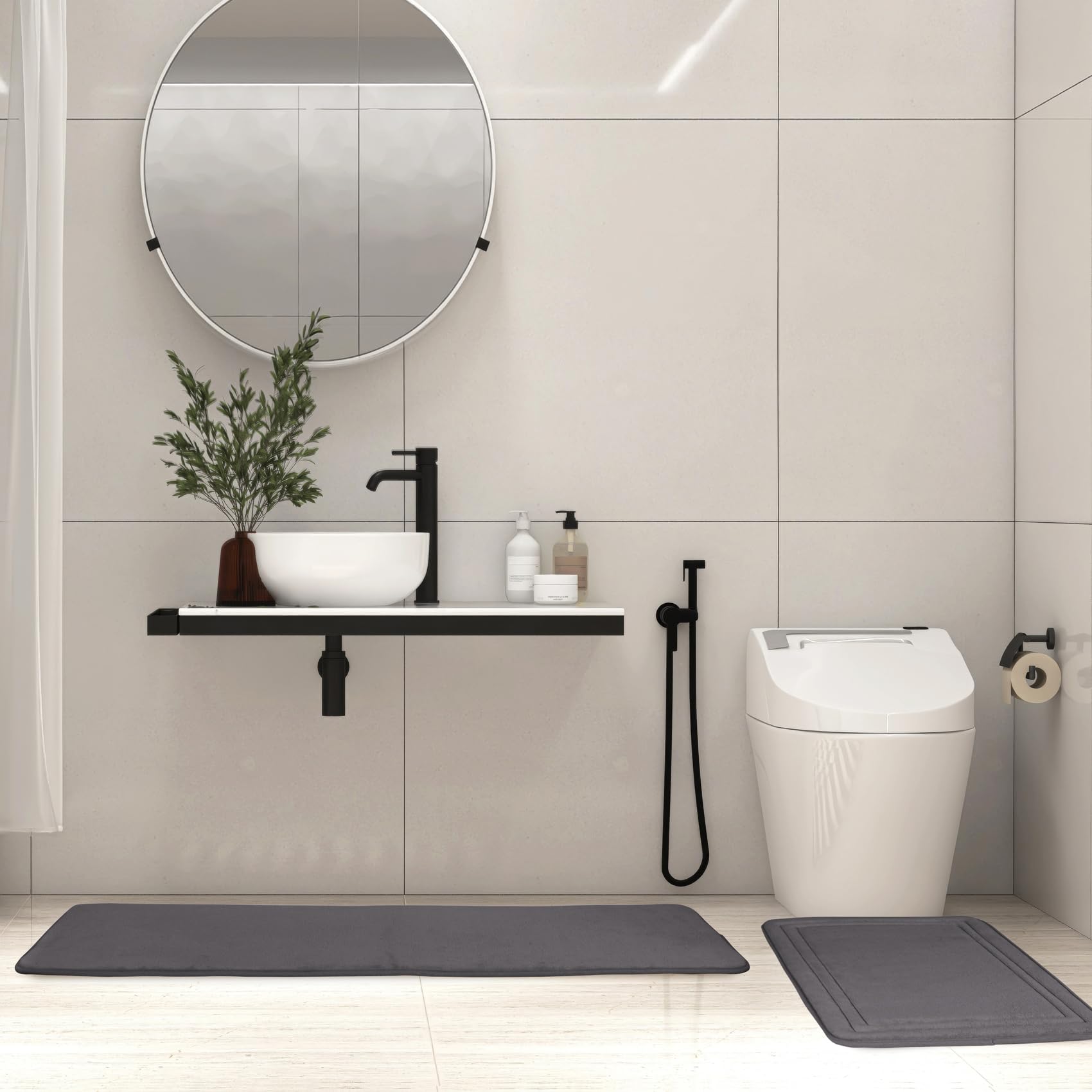 PAGGED Grey Bathroom Rug Set of 2 Memory Foam Bath Mat Runner Set Non Slip Washable Floor Mats Soft Absorbent Plush Microfiber Shower Tub Bathmat Gray