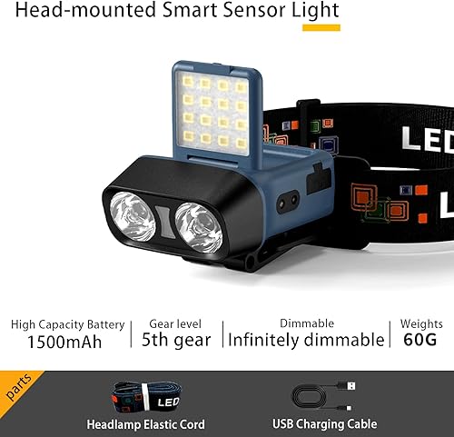 Miniatura 7 de Linterna frontal LED de 1200 lm, luces de cabeza para la frente, recargable por USB, con luz blanca roja, IPX6, impermeable, 5 modos, lámpara de