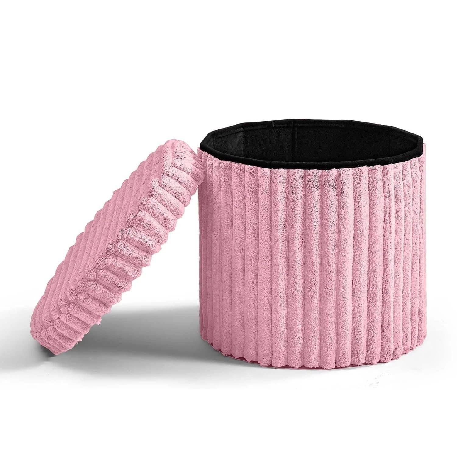 GC GAVENO CAVAILIA Ribbed Round Storage Ottoman With Removable Lid | Storage Box Bunch Stool Footrest | Hidden Storage Foldable Stool Living Room, Bedroom 40x40x37cm, Pink