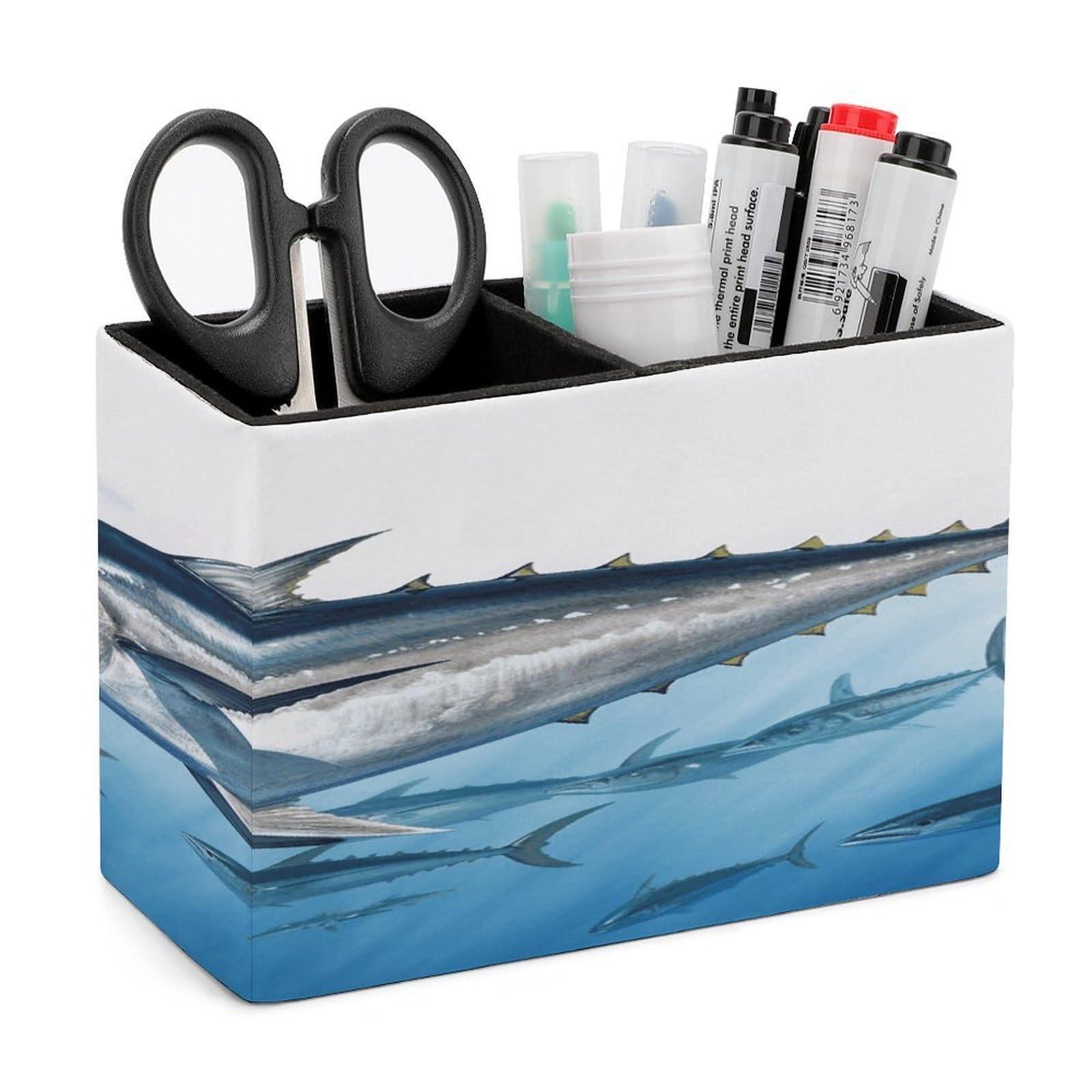 FekiLoot PU Leather Bluefin Tuna Thunnus Pen Holder for Desk 2 Compartments Desktop Stationary Organizer Rectangle Table Pencil Cup Stand Desktop Stationery Organizer Case for Office Home