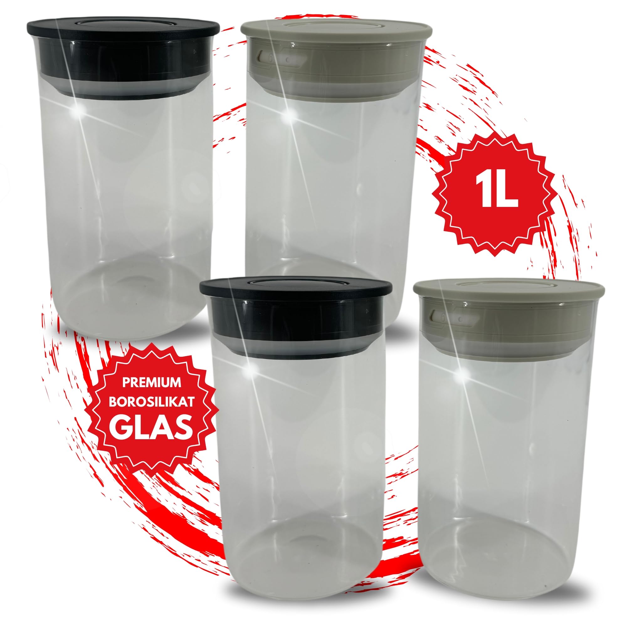 TronicXL Juego de 4 tarros de cristal de borosilicato al vacío, 1000 ml, herméticos, con tapa con cierre al vacío, para cocina, hogar, alimentos