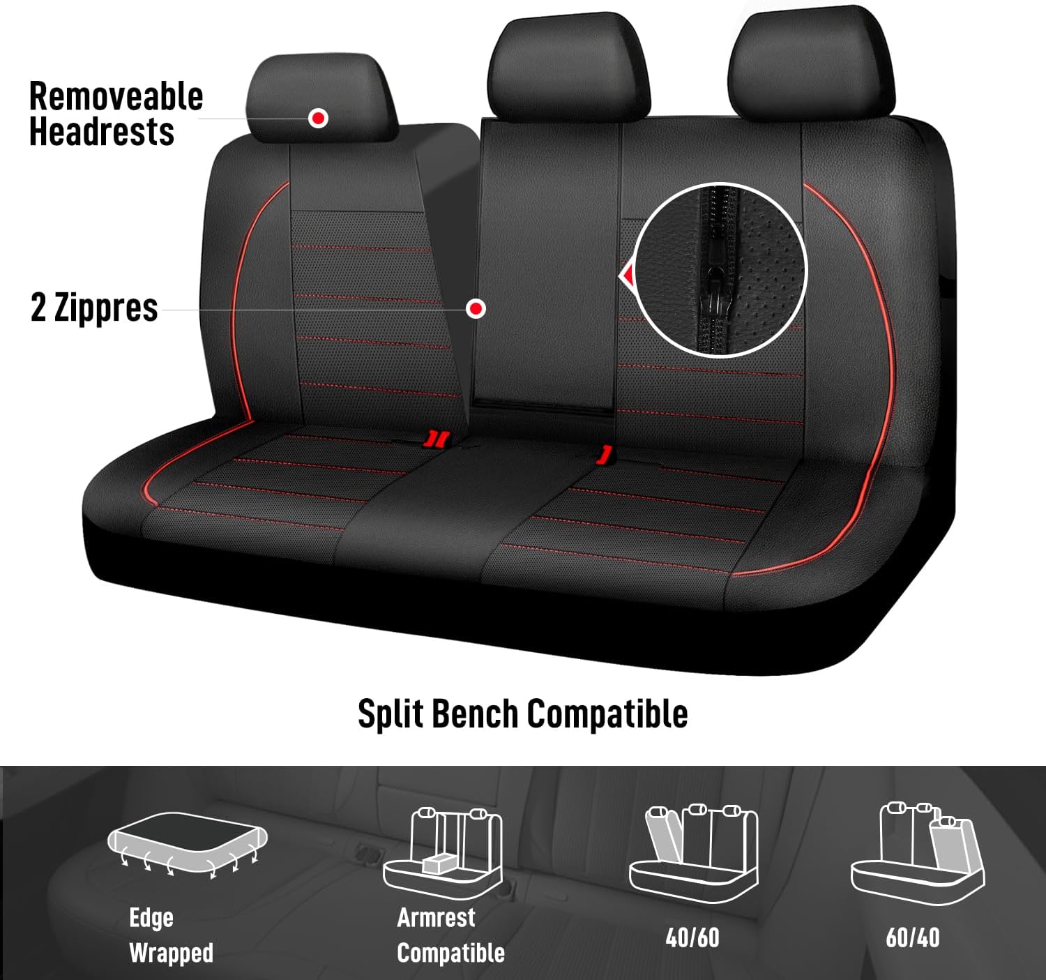 Color Black and red CAR PASS Leather Back Seat Cover,Piping Waterproof Bench Seat Cover, Rear Seat Cover Universal Fit for Cars Sedans SUVs Truck 95% Automotive Interior Backseat Car Covers (Rear,Black and Red)
