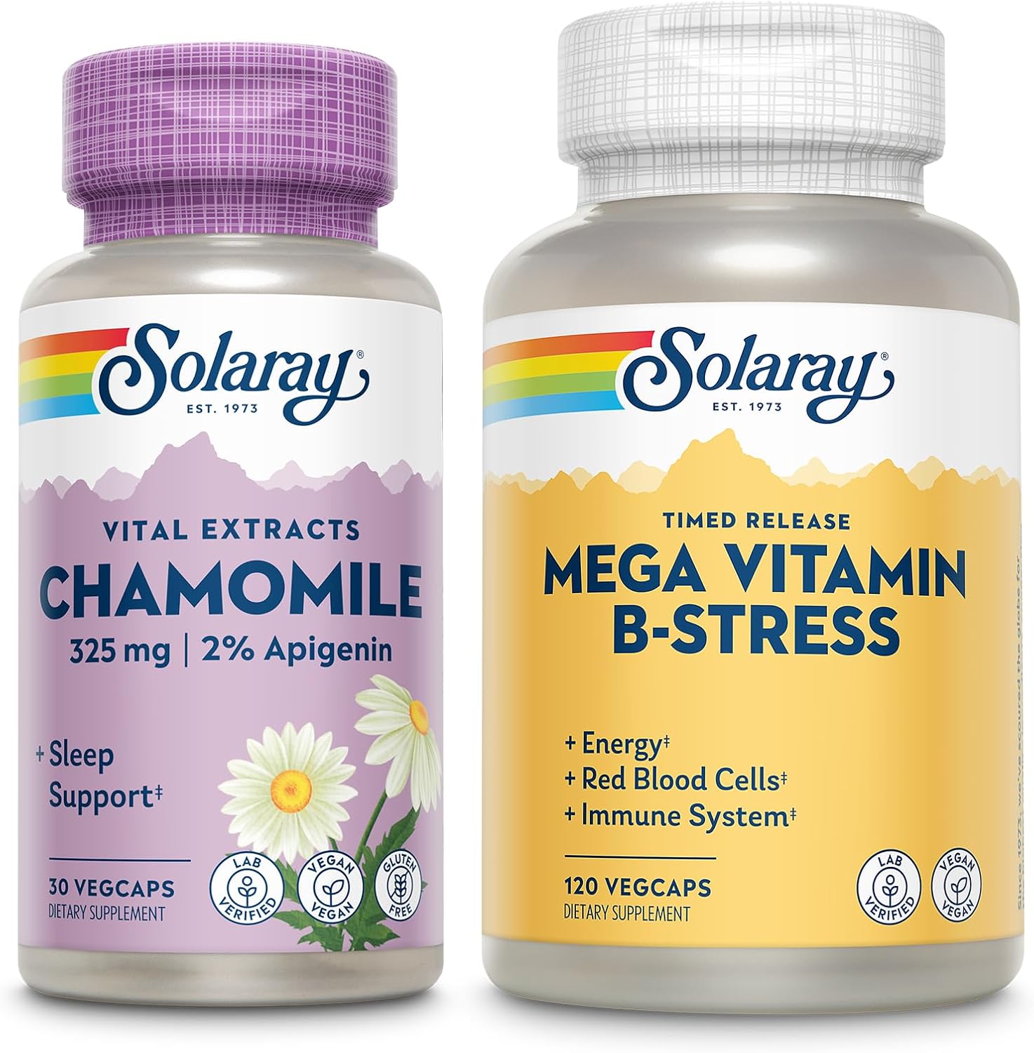 SOLARAY Chamomile Extract and Mega Vitamin B Stress - Herbal Support w/Apigenin - Timed Release Vitamin B Complex for Cellular Energy, Immune Support w/Vitamin B12, Folic Acid, Vitamin C, 30/40 Serv