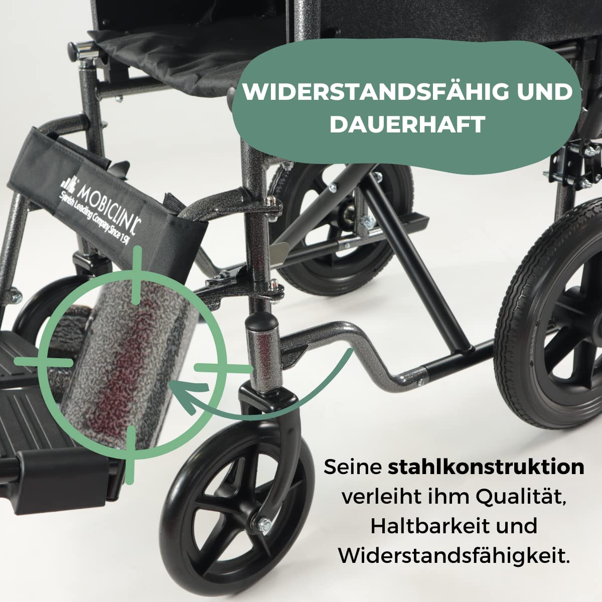 Mobiclinic®, Rollstuhl, S230, Faltbar und leicht, Sitzfläche 43 cm, Klappbare abnehmbare fußstützen, Gepolsterte armlehnen, Kleine räder, Feststellbremse fußbremse