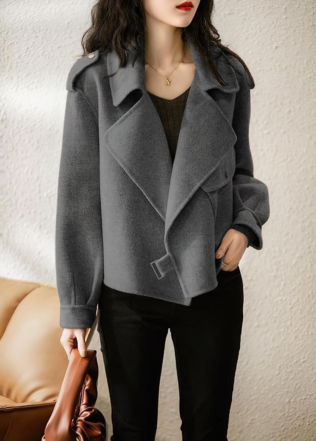 chouyatou Women's Fall Casual Cropped Wool Coat Open Front Loose Dressy Blazer Jacket Short Trench Coat - Image 2