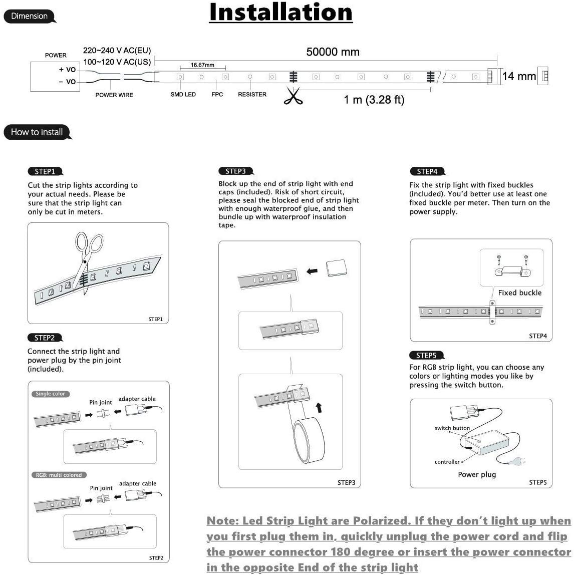 Striscia LED RGB professionale da 10 m, 220 V – 240 V, SMD 505, 16 colori a scelta, con telecomando a infrarossi, alimentatore di rete, impermeabile IP 65, SMD 5050t