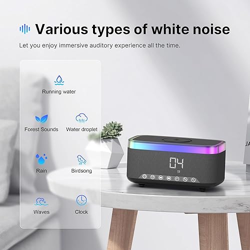 Miniatura 6 de S300 Altavoz Bluetooth portátil con carga inalámbrica rápida de 15 W, máquina de sonido de ruido blanco, reloj despertador digital, radio FM, luz