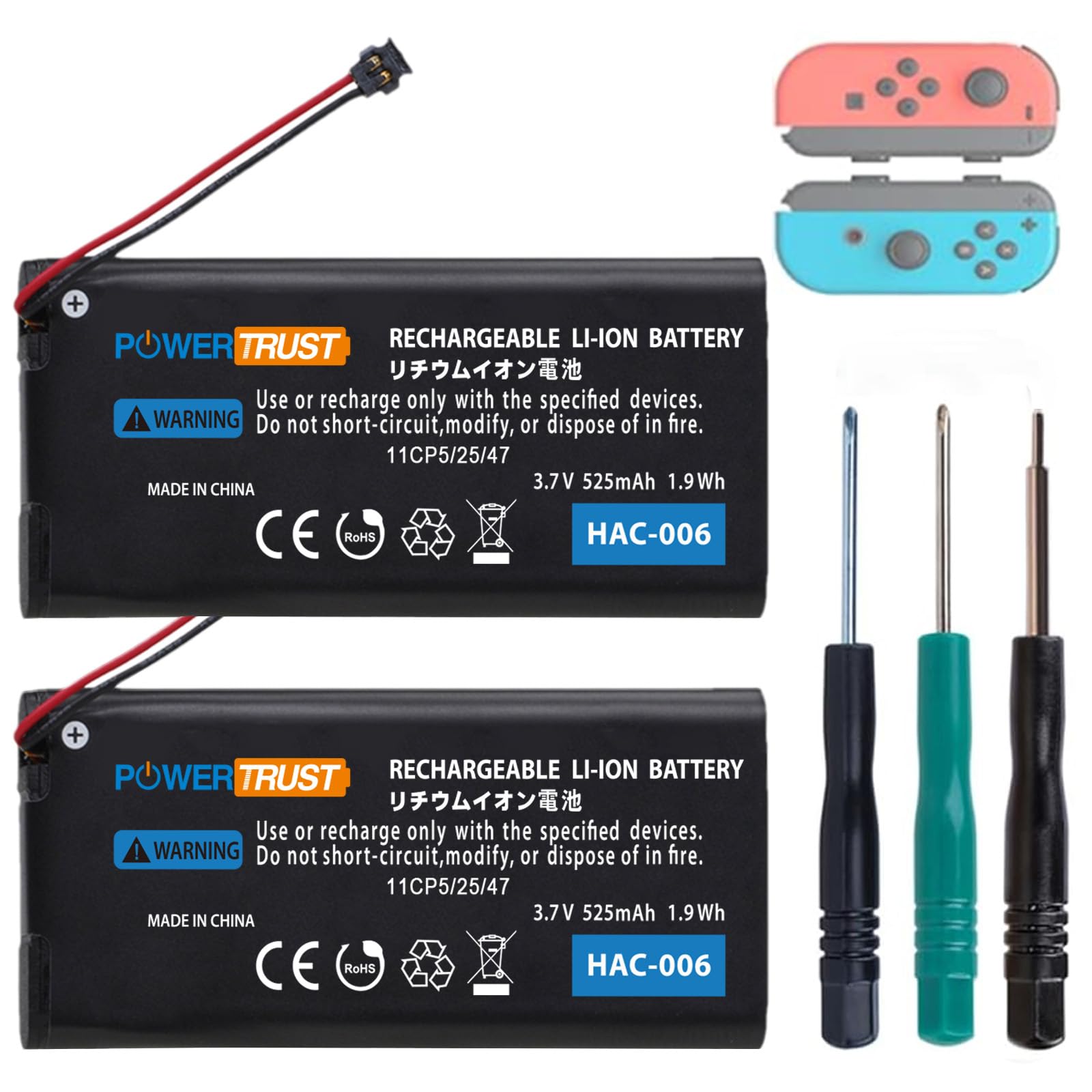 PowerTrust Replacement HAC-006 Battery Compatible with Nintendo Switch HAC-015 HAC-016 Joy-Con Controller HAC-A-JCR-C0 HAC-A-JCL-C0 (2 Pack)