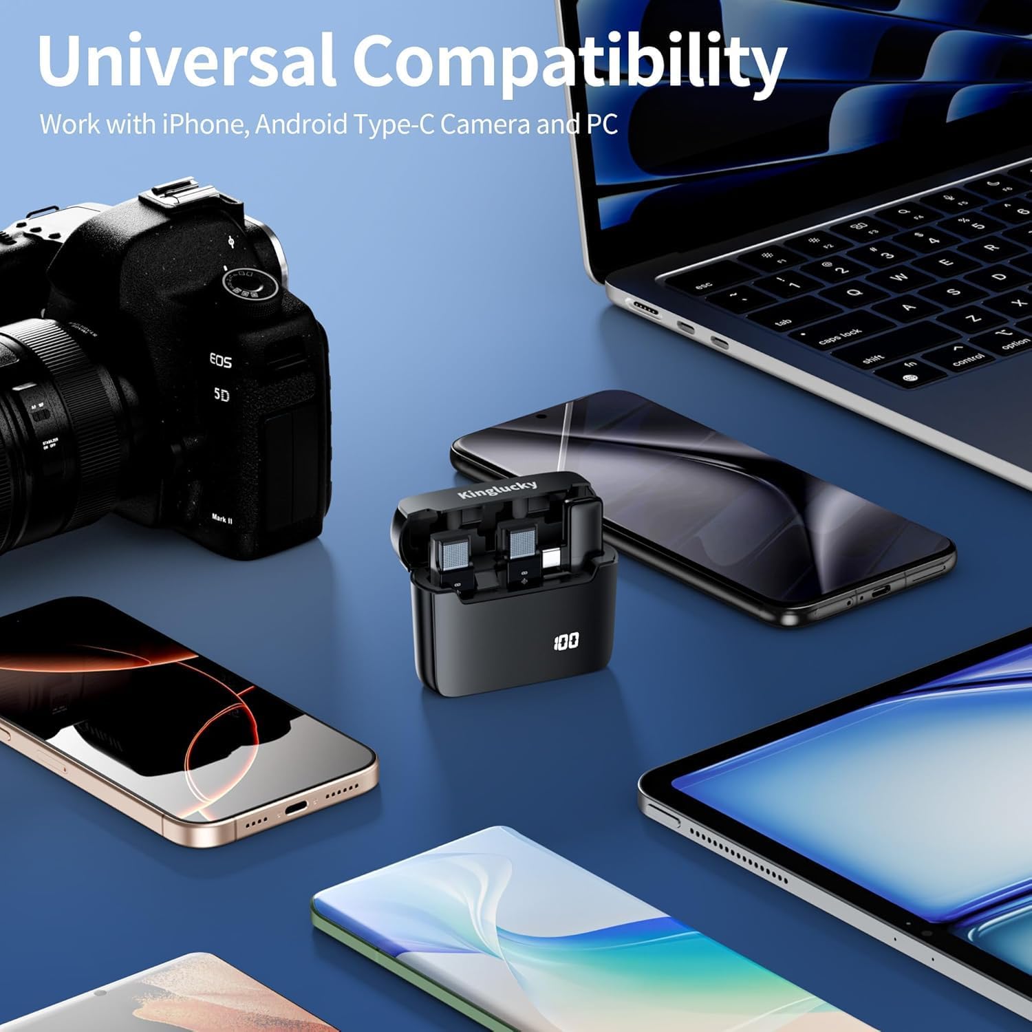 Image showing the Kinglucky M58 system connected to various devices including an iPhone, Android phone, camera, and laptop, highlighting its universal compatibility.