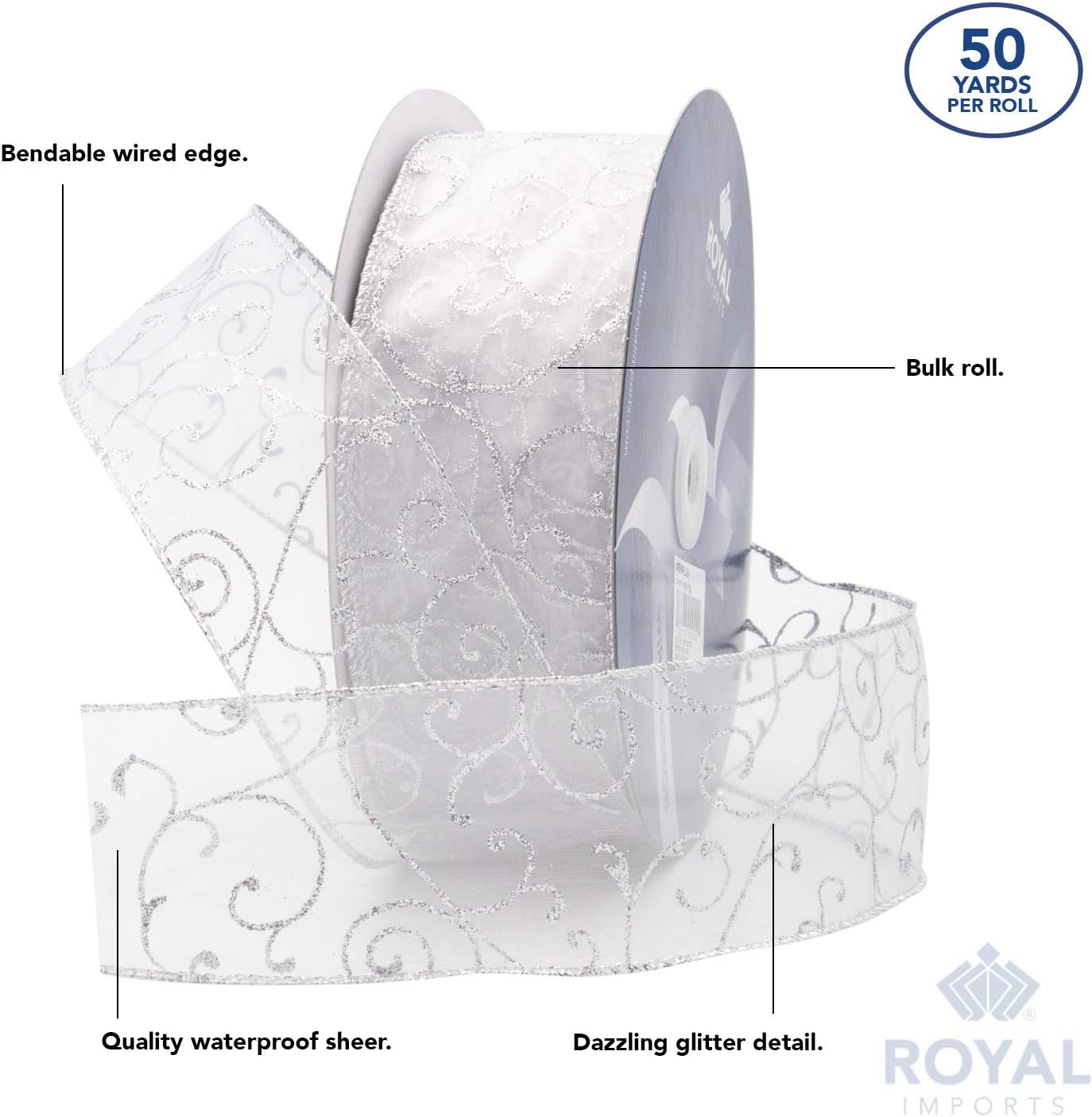 Royal Imports Silver Organza Glitter Wired Sheer Ribbon - Silver Edge, 2.5" (#40) Swirl Design for Floral, Craft, Holiday Decoration, 50 Yard Roll (150 FT Spool) Bulk (Pack of 2)