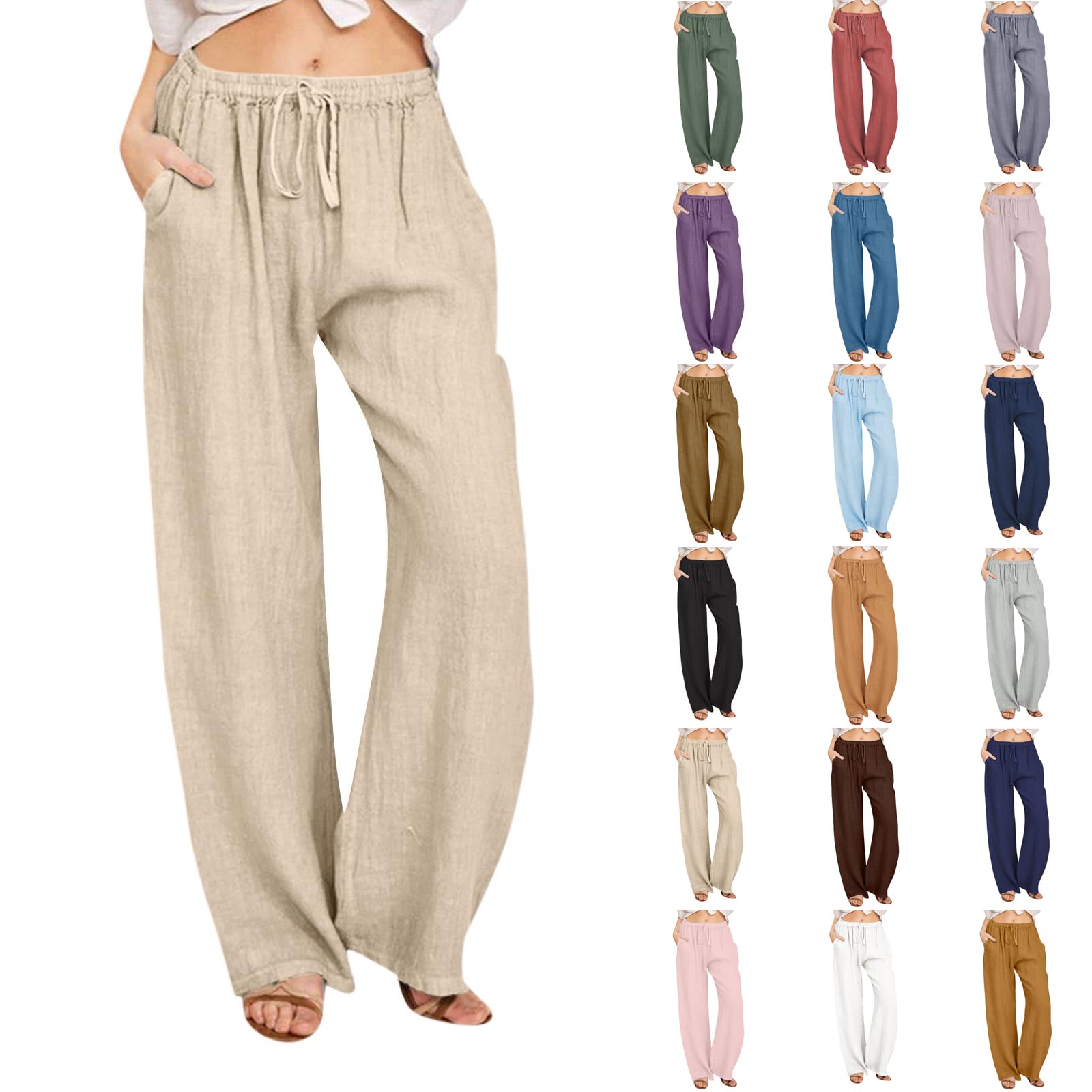 Linen Pants Women Casual Summer Drawstring Waist Wide Leg Pants with Pockets Baggy Lightweight Beach Trousers