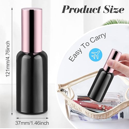Miniatura 2 de Paquete de 6 botellas de vidrio negro de 1.7 fl oz1.7 onzas, botella vacía de niebla fina, atomizador de perfume recargable con rociador de oro rosa