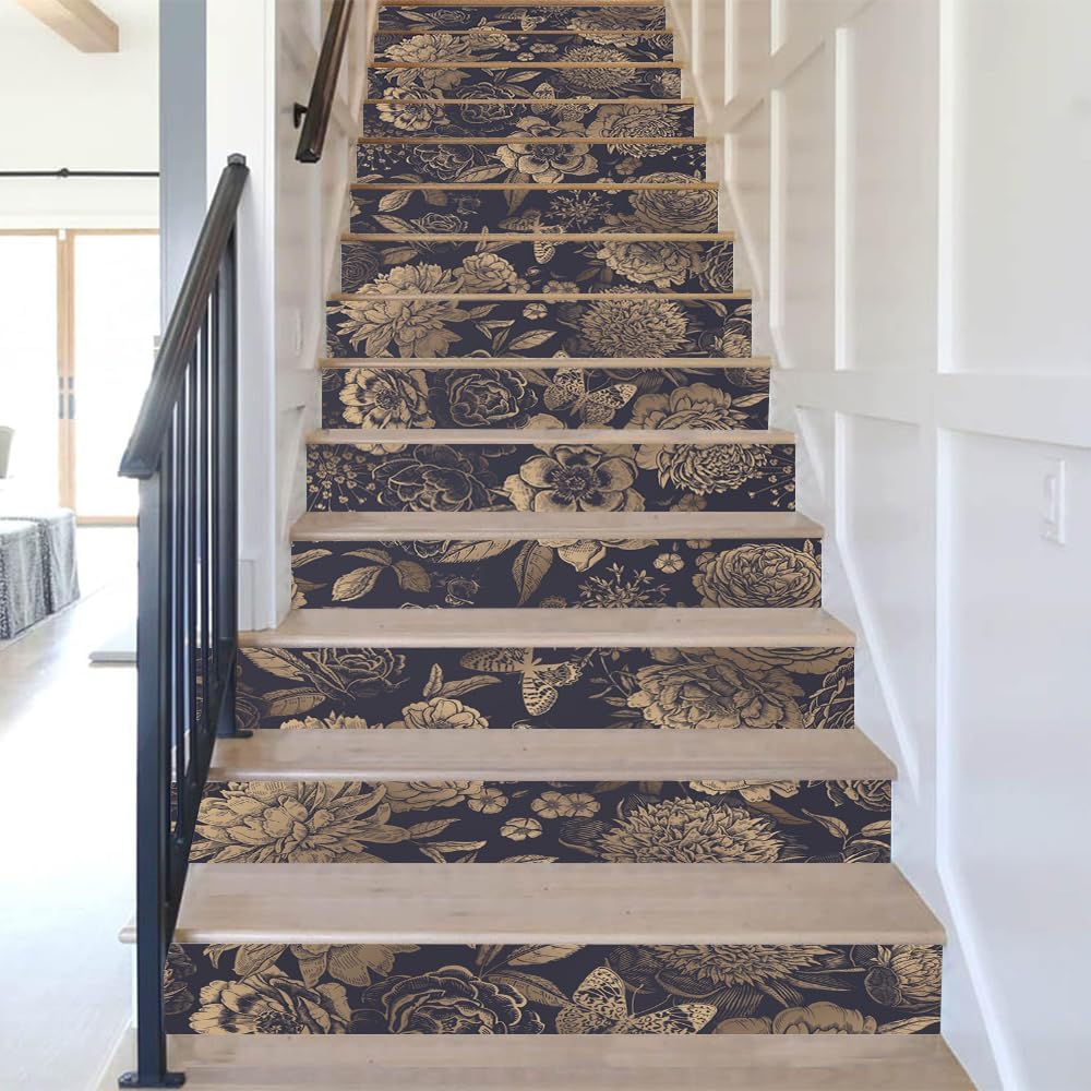 REDAMANCY Black Gold Flower Vintage Peel and Stick Vinyl Stair Riser Decals Staircase Tile Stair Stickers Abstract Boho Art Modern Decoration Self-Adhesive Home Decor Stair Decals (14Pcs)