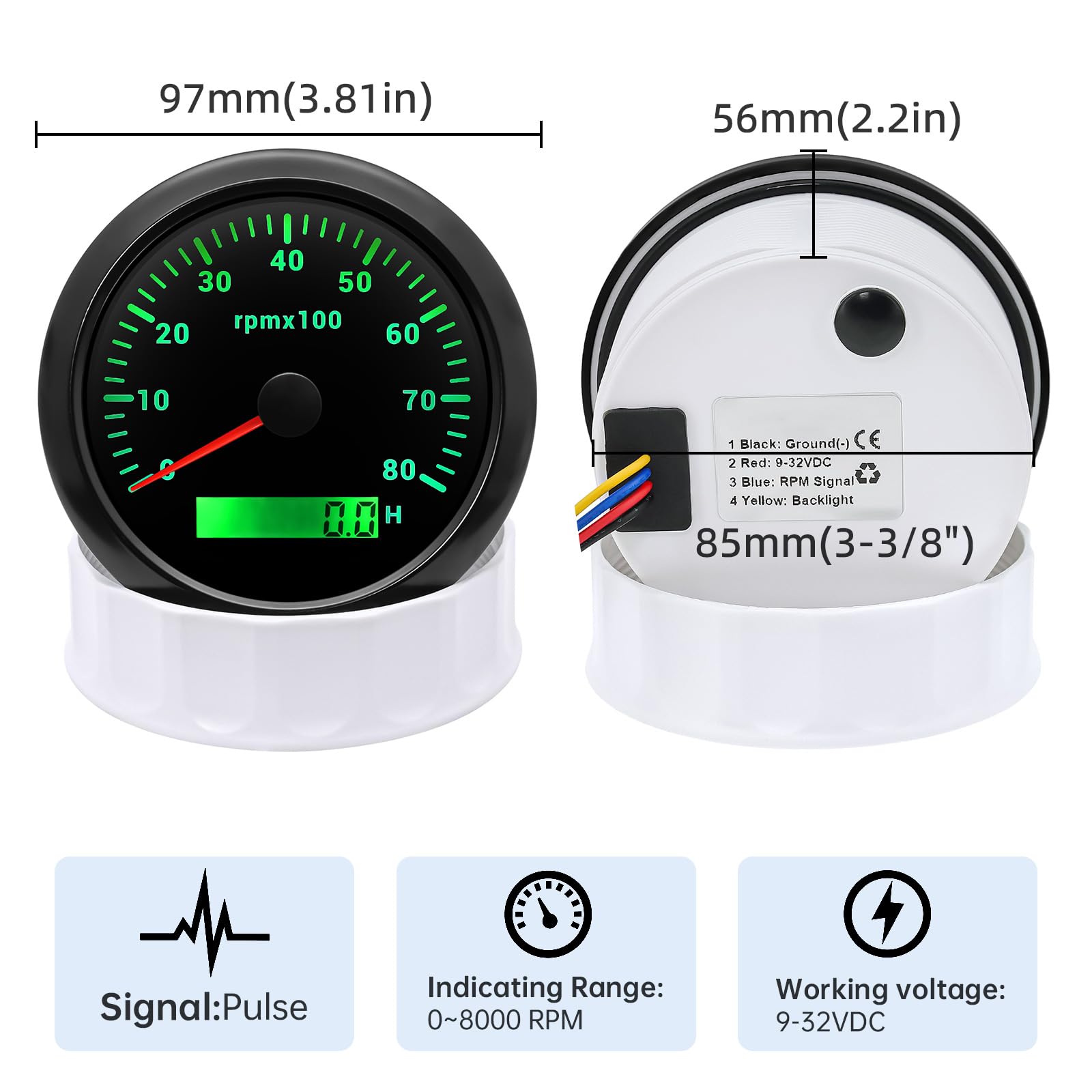 85mm Marine Drehzahlmesser 0-8000RPM Wasserdichtes mit Betriebsstundenzähler 7 Farben Hintergrundbeleuchtung für Auto Boot LKW Diesel Benzinmotor