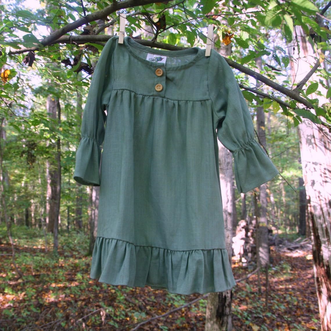 Rocket Bug Long Sleeve Pleated Baby, Toddler, and Girls Linen Cotton Dress (7, Sage)