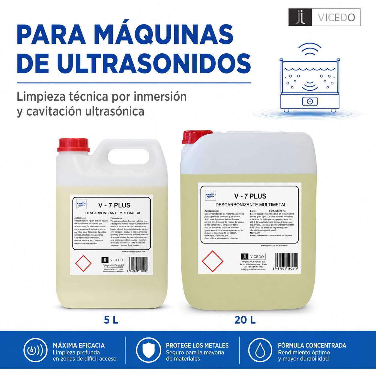 V-7 PLUS Descarbonizante para Ultrasonidos 20 L, Uso Directo, Multimetal, con Aditivo Potenciador, Elimina Carbonilla
