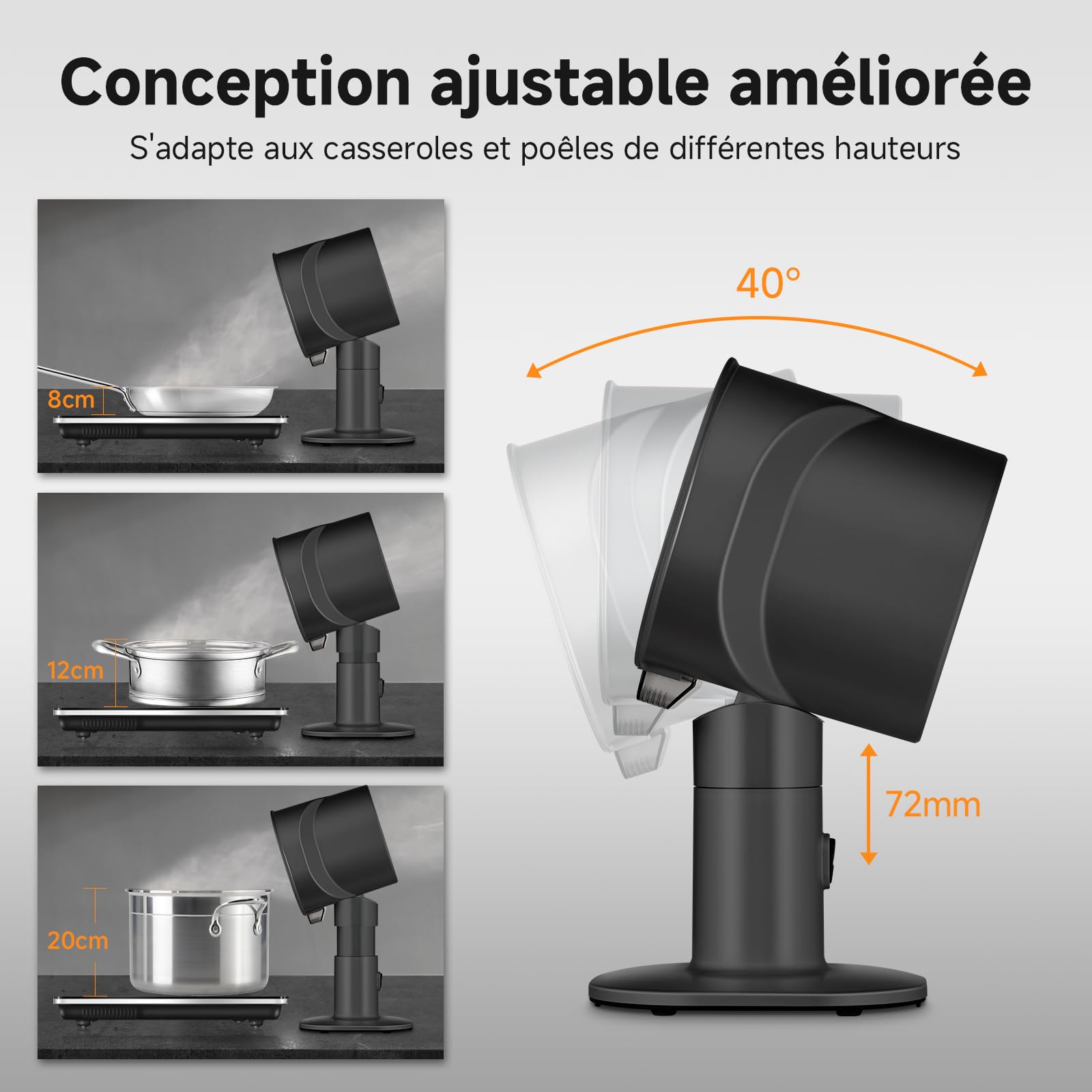 AMZCHEF hotte aspirante portable avec hauteur télescopique et inclinaison à 40°, 4 modes de vitesse, silencieuse, filtre en aluminium de grand calibre pour appartement/BBQ/RV, Noir - 4