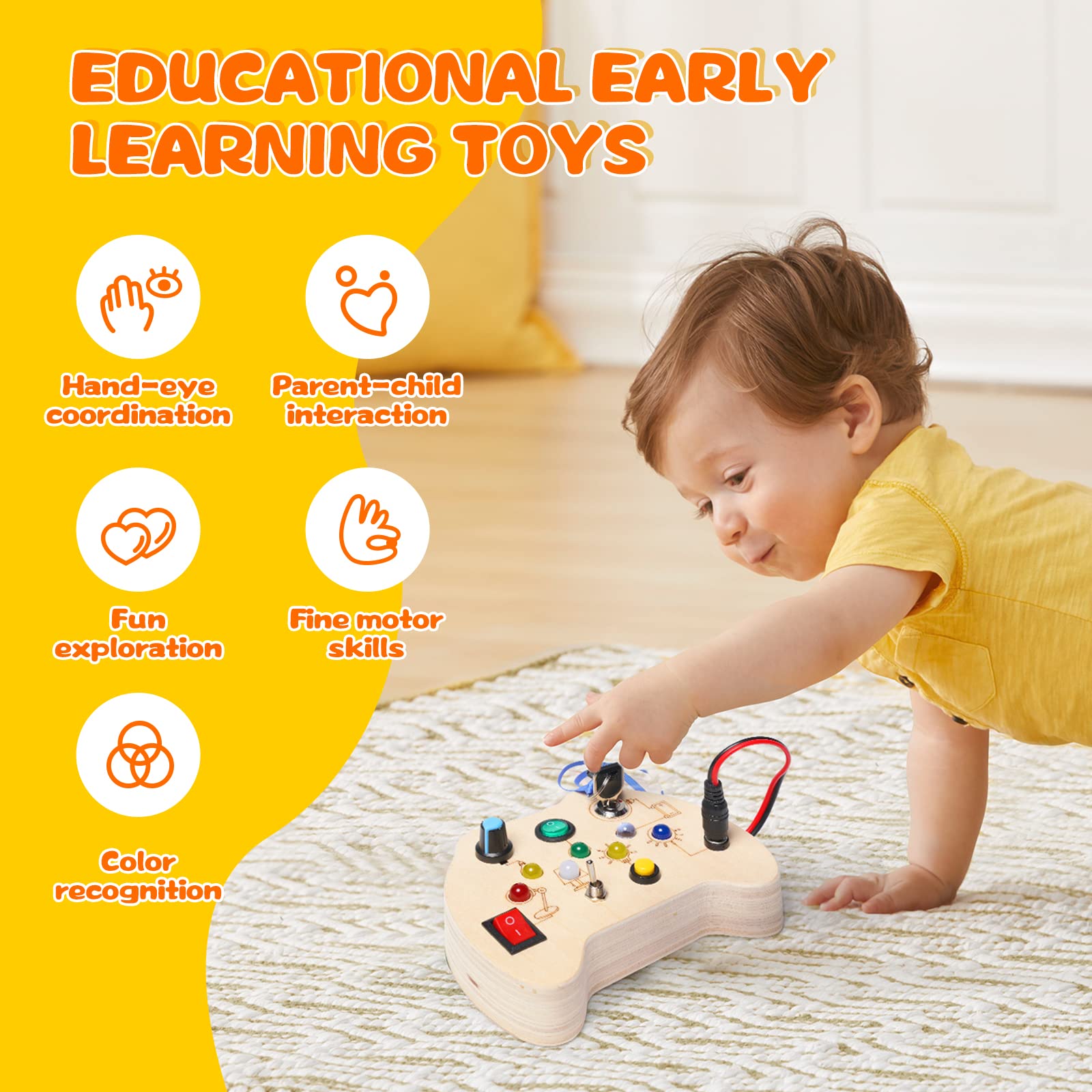 Tableau D’activités Montessori Withosent – Jouet éducatif En Bois Avec Interrupteurs, Ampèremètre, Lumières LED Et Musique – 12,5x8,6x3 Cm – 2 Piles AAA (non Incluses)
