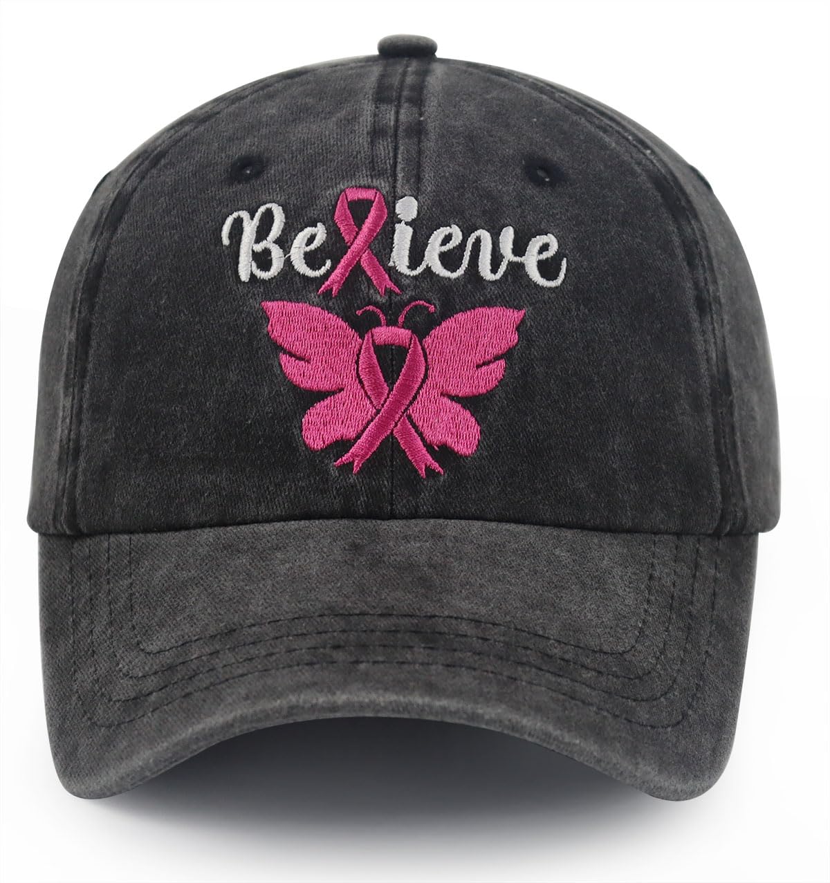 GomthrpcBreast Cancer Awareness Hat for Women, Adjustable Embroidered Cotton Denim Believe Pink Ribbon Butterfly Baseball Cap
