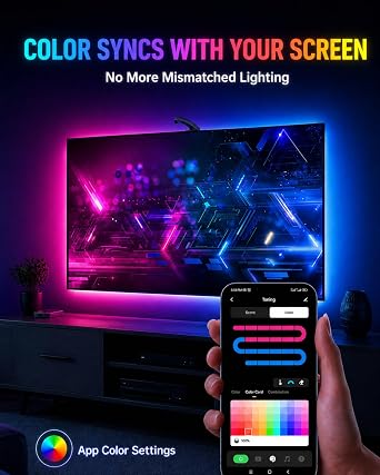 TV LED Backlight with Sensor, LED Sync Lights for TV 55-65 Inch, Smart Camera Sync to Screen, Ambient RGB Strip Lights for Gaming & Home Theater, App Control (14.7ft)