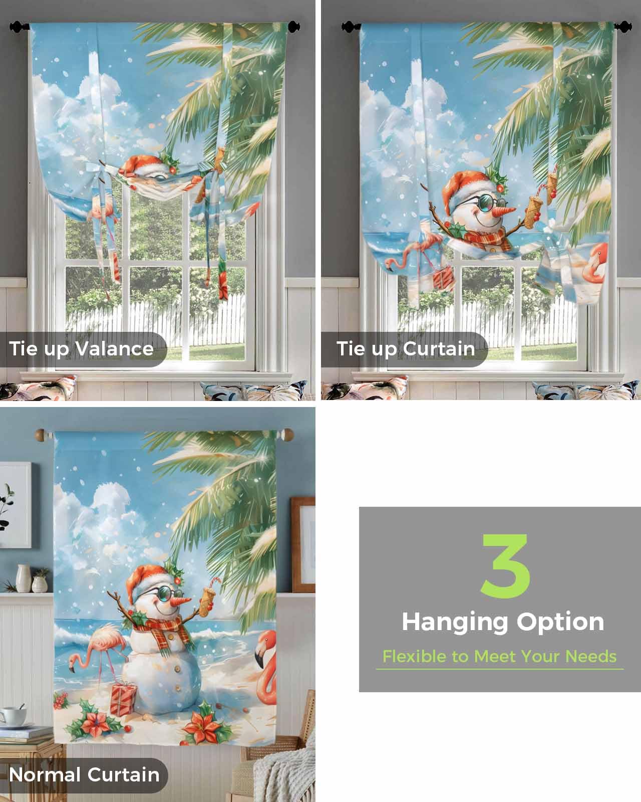 Christmas Snowman Tie Up Curtain for Window Blackout Balloon Valance Curtain for Bathroom Winter Beach Wave Poinsettia Flamingo Adjustable Window Shade for Kitchen Living Room Bedroom 34
