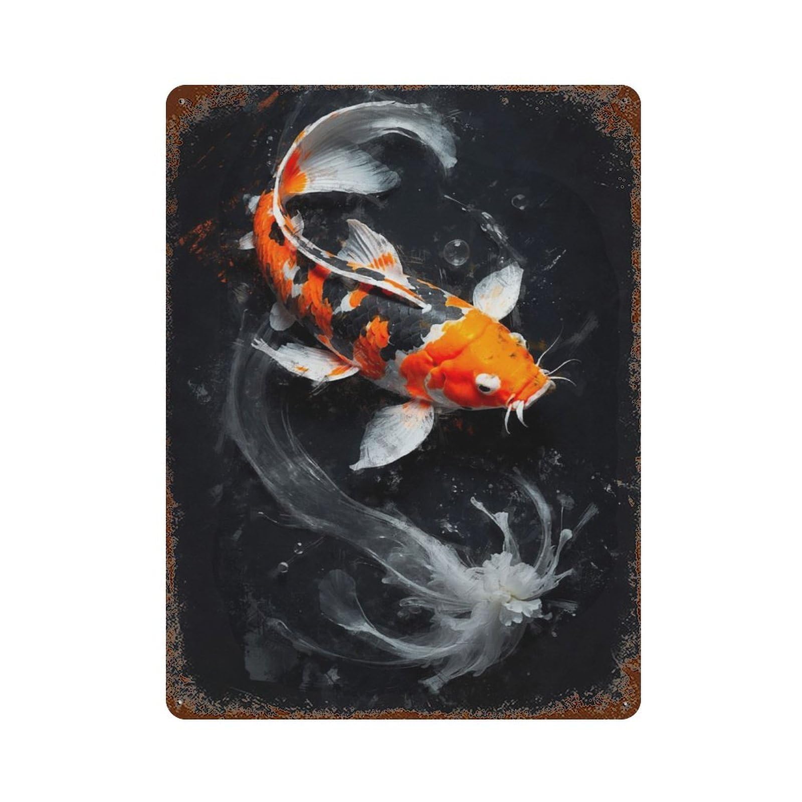 Distressed Metal Wall Sign with Golden Koi in Bloom Design 15.7"x11.8", for Living Room, Hallway And Home Decor, Vintage Wall Decor