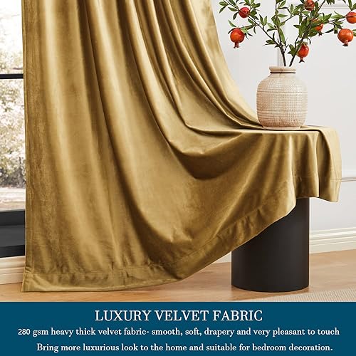 Miniatura 4 de PRIMROSE Cortinas de terciopelo dorado de 120 pulgadas de largo para sala de estar, juego de 2 paneles opacos, bolsillo para barra, pestaña trasera,