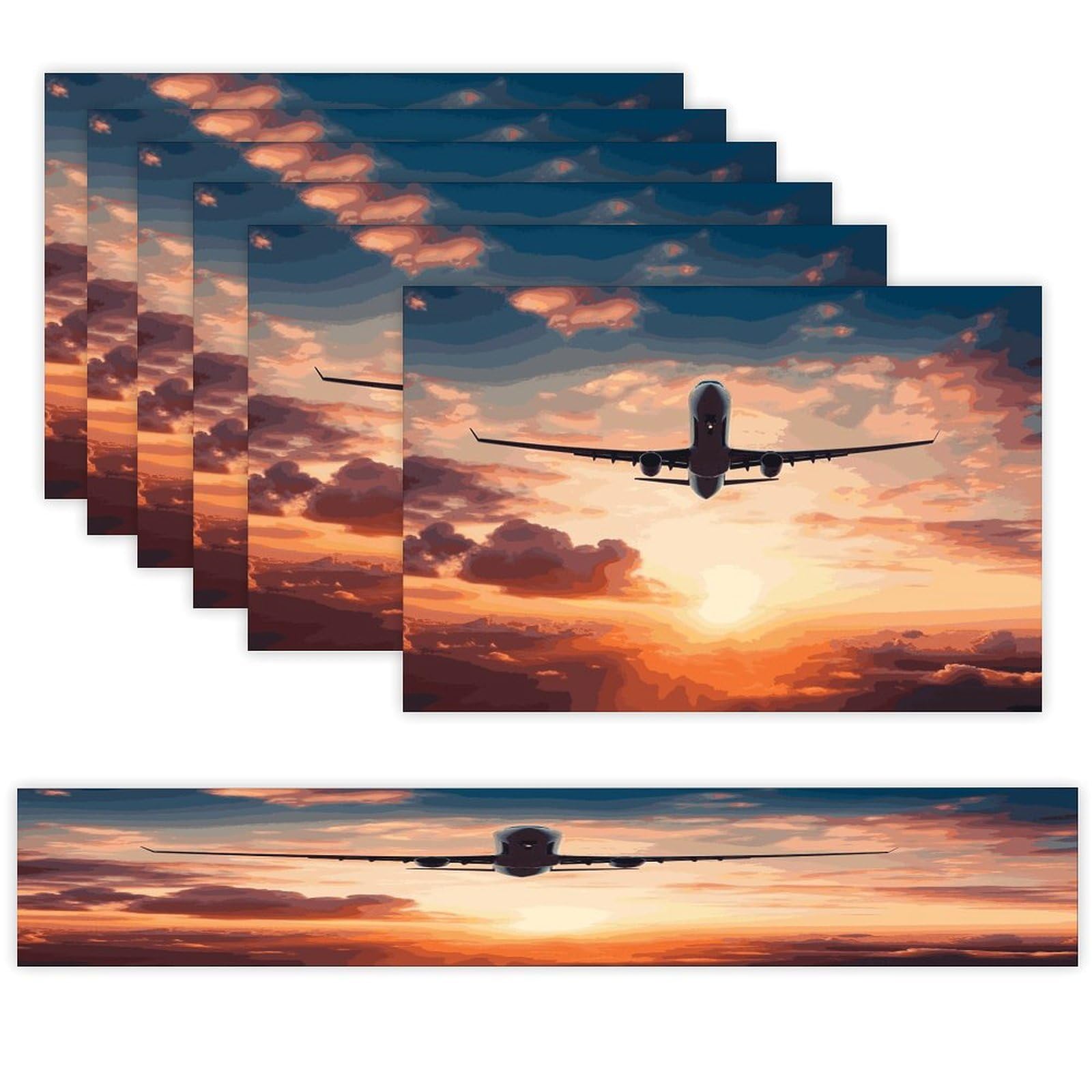 Airplane Sunset Sky Table Runner and Placemats Set of 6 Wipe Clean Heat Resistant Table Mat with Table Runner Decorations Flax Linen Place Mat Set for Home Kitchen Party Supplies