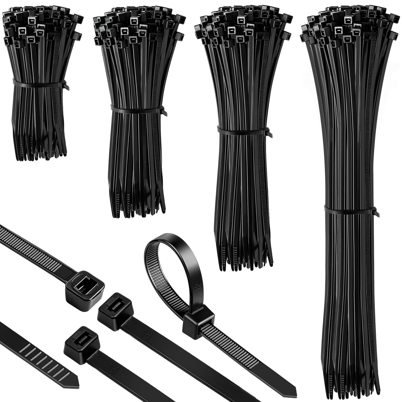 Lunhoo 400 Pack Cable Ties, Heavy Duty Zip Ties, Self Locking Nylon Plastic Ties for Garden Home (100/150/200/300mm, Black)