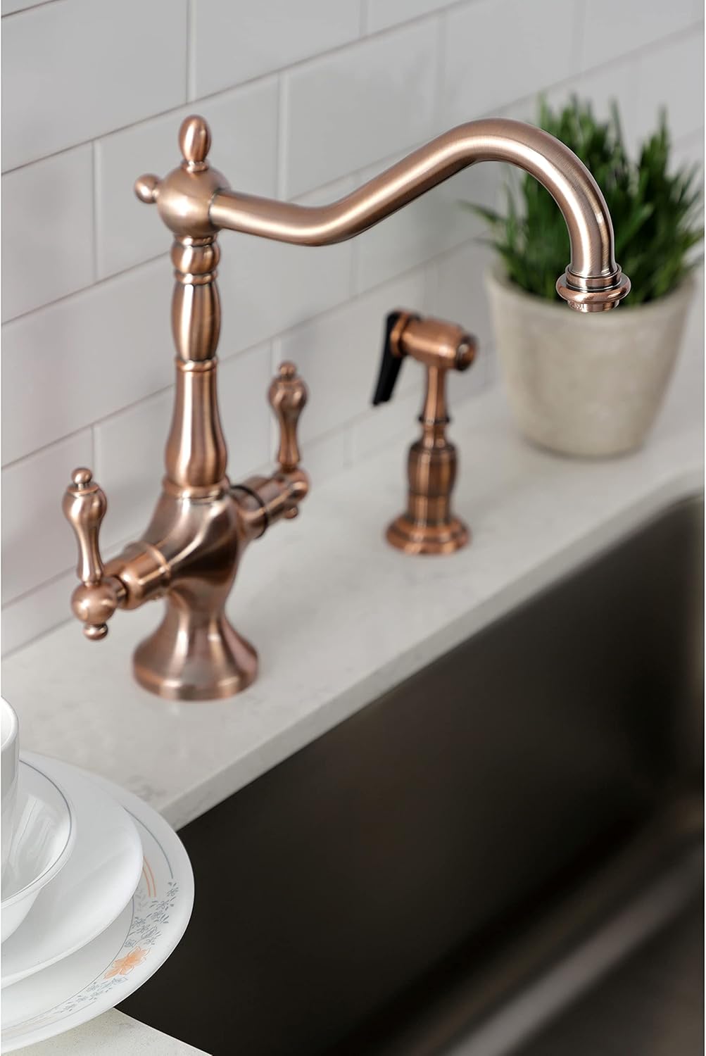 Kingston Brass KS177ALBSAC Heritage 2-Handle Kitchen Faucet with Side Sprayer, Antique Copper Finish, 8.5-Inch Spout Reach