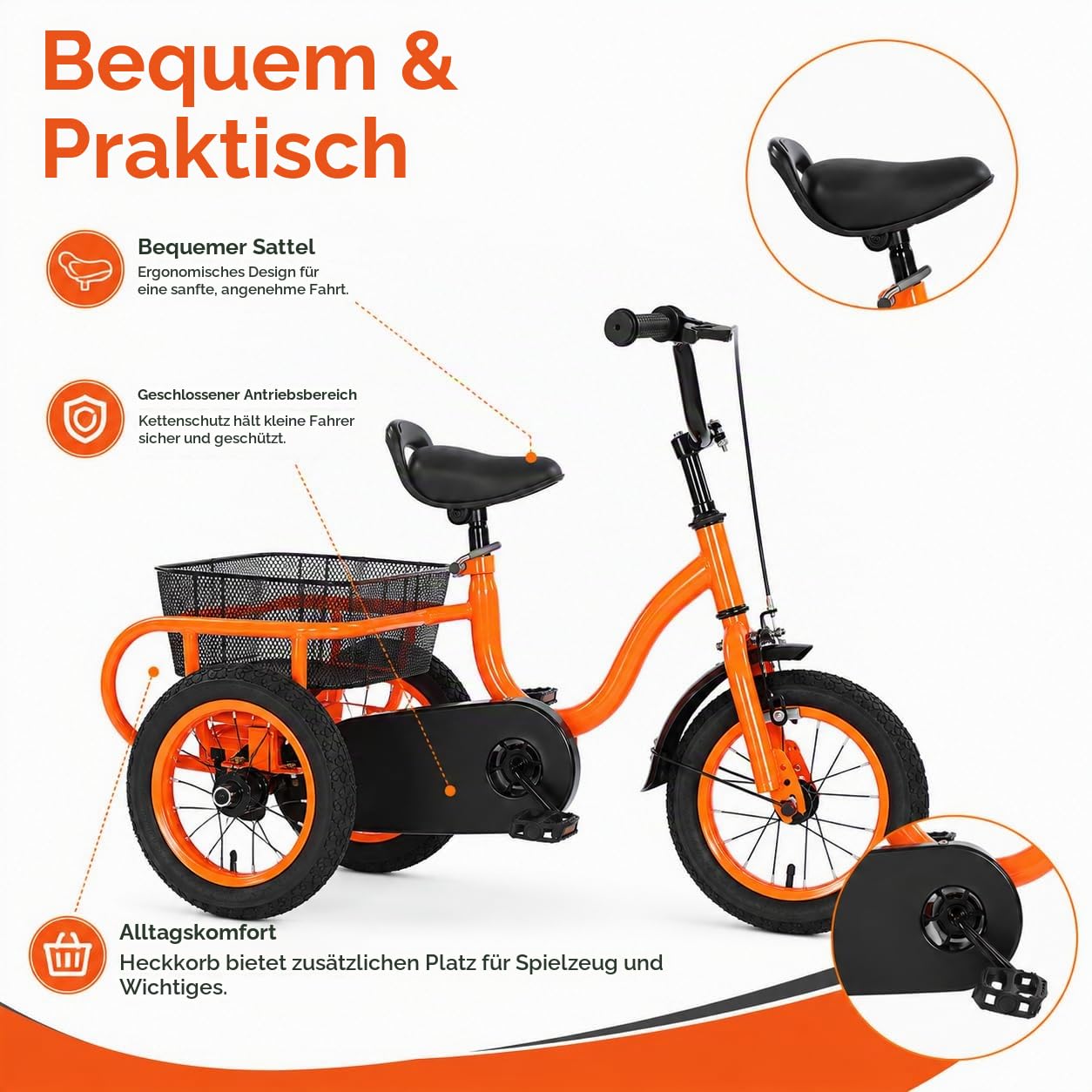 Kinderdreirad in 12 Zoll, Kinderfahrrad mit Eingang-Getriebe, Dreirad belastbar bis 25 kg, Kinderroller mit rutschfesten Pedalen, stabiles Dreiradgestell, für Kinder, Kleinkinder (orange)