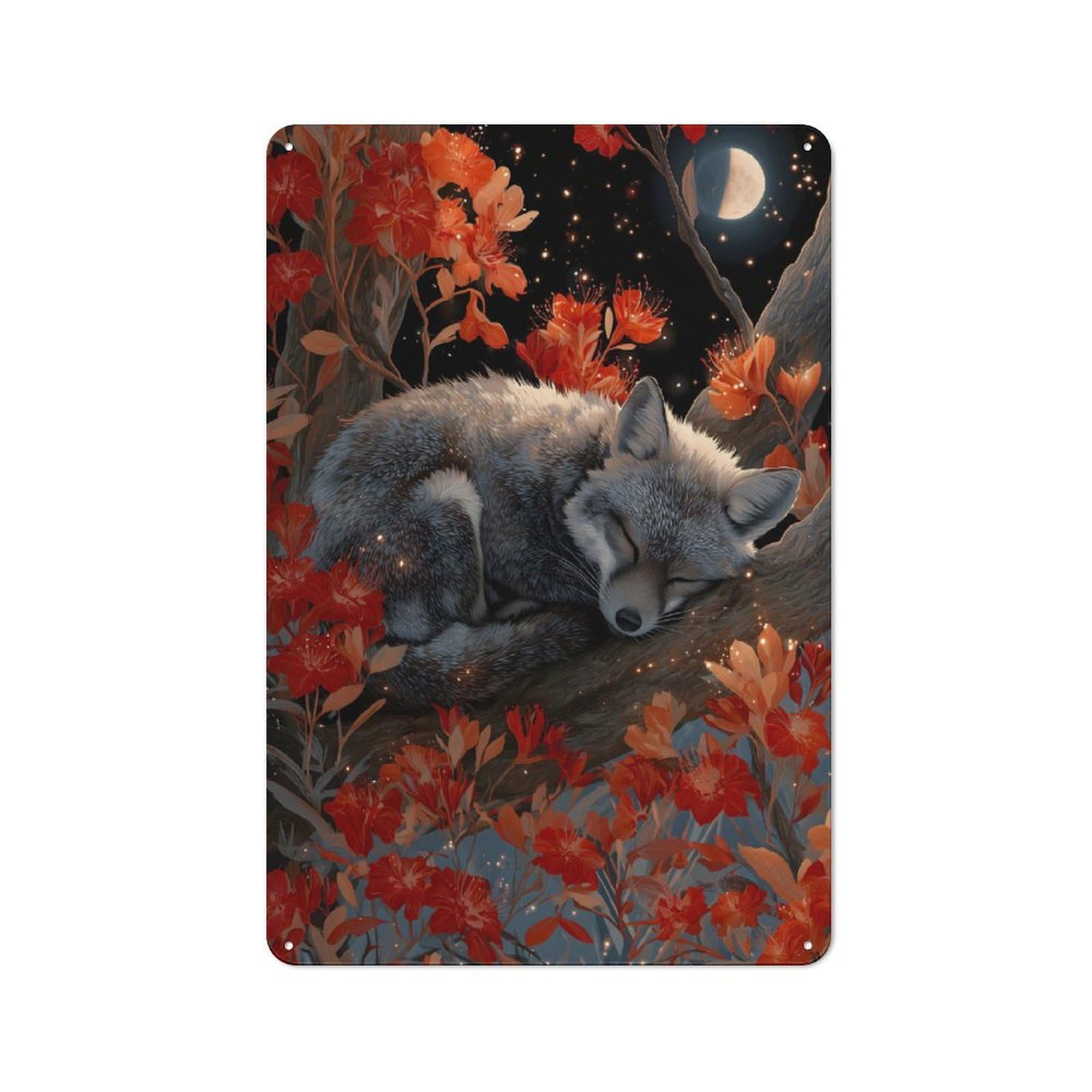 Sleeping Fox in Floral Night Scene Decorative Metal Plaque 30x20cm, Garage Style Shed Wall Plaque for Workshop, Basement, Shed Or Games Room