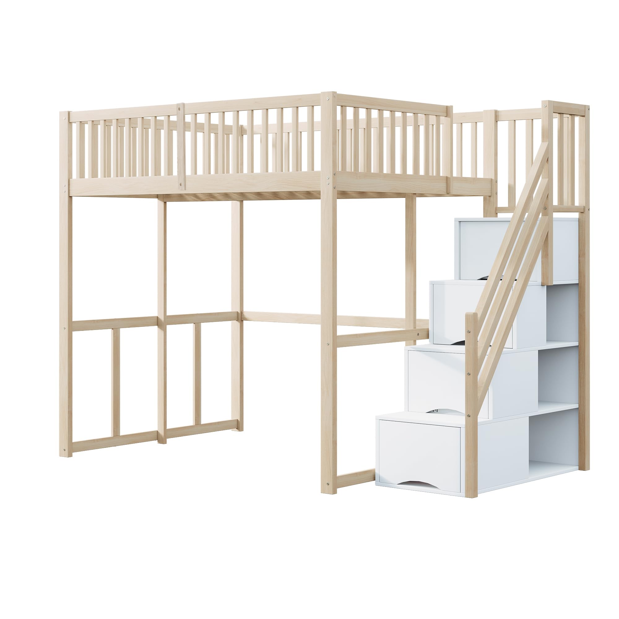 Merax Lit Mezzanine 140 x 200 cm, Multifonction Lit Enfant avec Espace de Rangement Escalier, Couleur Bois et Blanc (sans Matelas)