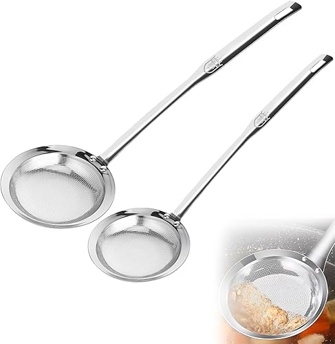Colador de tamiz de acero inoxidable de malla fina (paquete de 2, grande y pequeño), colador de malla para aceite de cocina, cuchara espumadora,