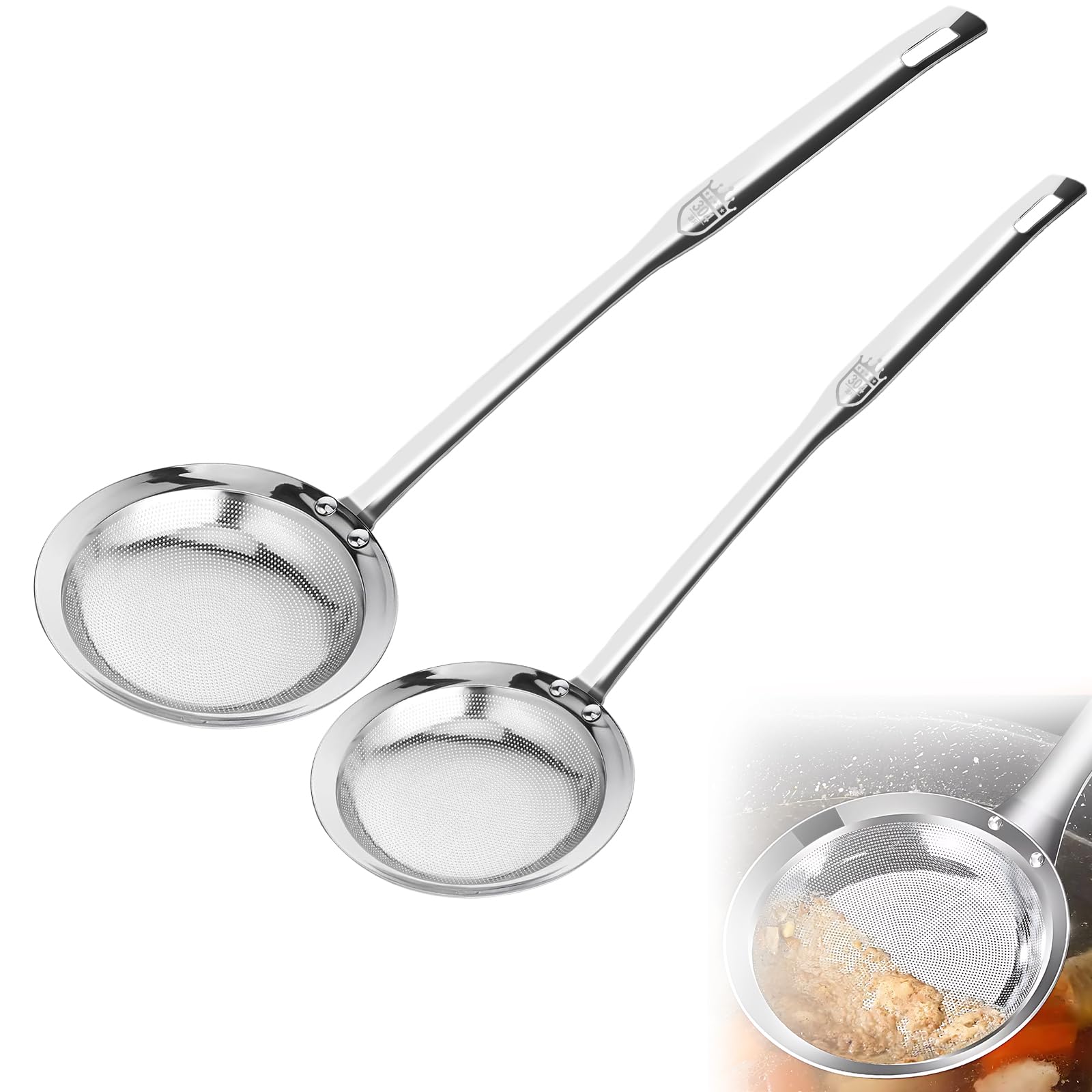Colador de tamiz de acero inoxidable de malla fina (paquete de 2, grande y pequeño), colador de malla para aceite de cocina, cuchara espumadora, filtro de grasa, colador de alimentos, accesorios de