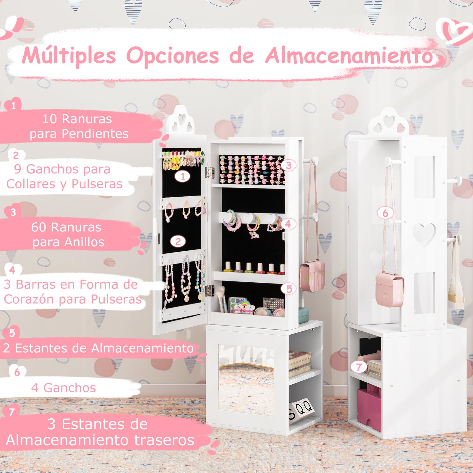 COSTWAY Armario de Joyería para Niñas 3 en 1 con Espejo y Perchero, Blanco