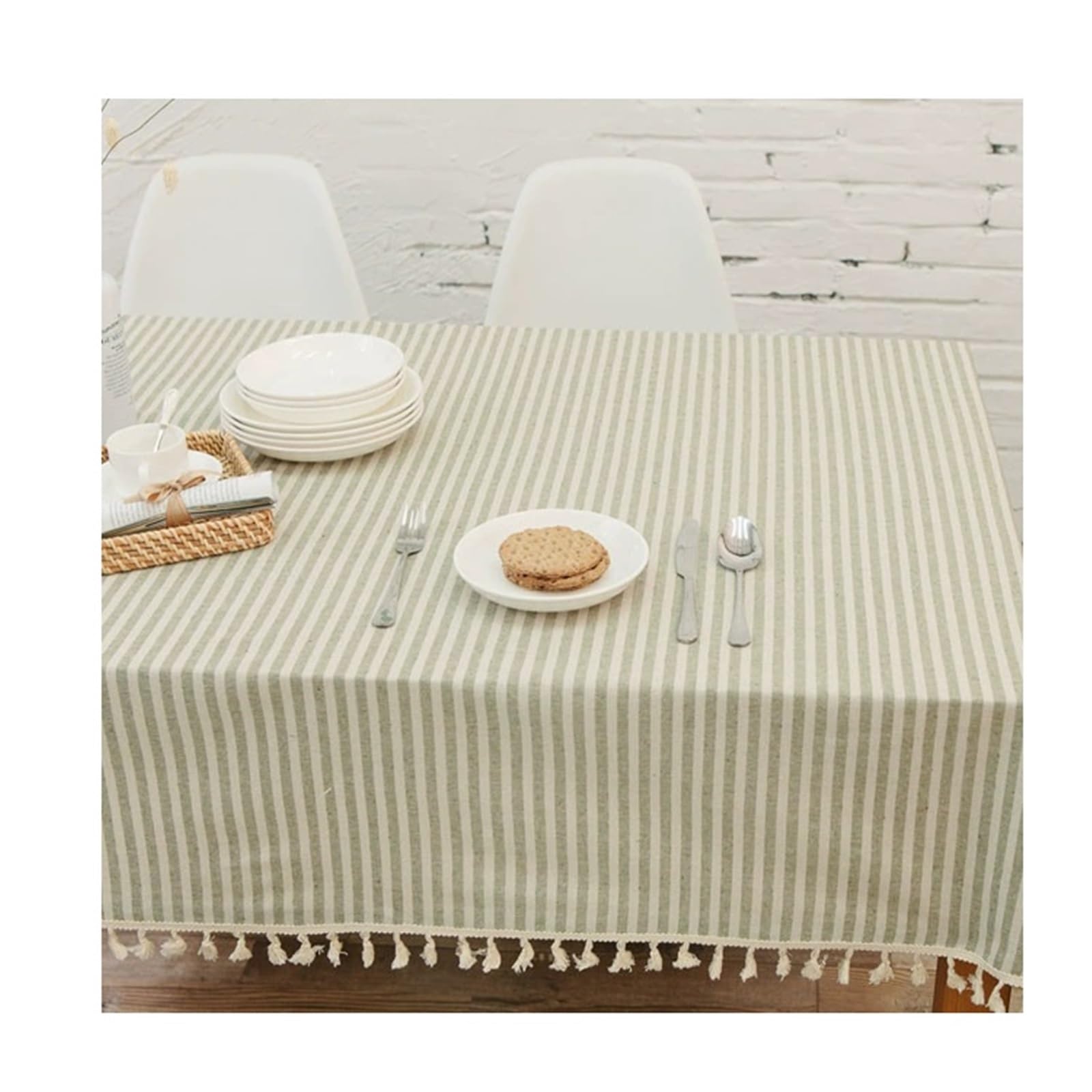 FonHNDG Striped Tablecloth Cotton Linen Table Cloth Stripe Tassel Rectangle Tablecloth Dust-Proof Cover For Kitchen Dinning Tabletop Decoration(Green,140x180cm)