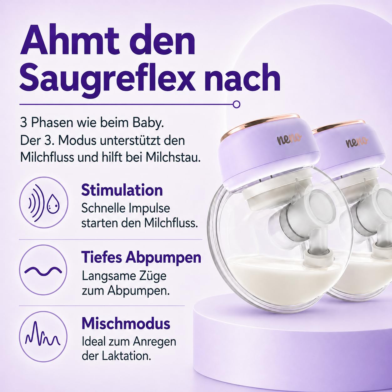 NENO Sole Twin Milchpumpe Elektrisch - Dreiphasen Elektrische Milch Pumpe Freihändig - tragbare Handsfree Doppel-Brustpumpe - 8 Saugstufen - 2x210ml Auffangbehälter - BPA-frei - Schnelles USB-C-Laden